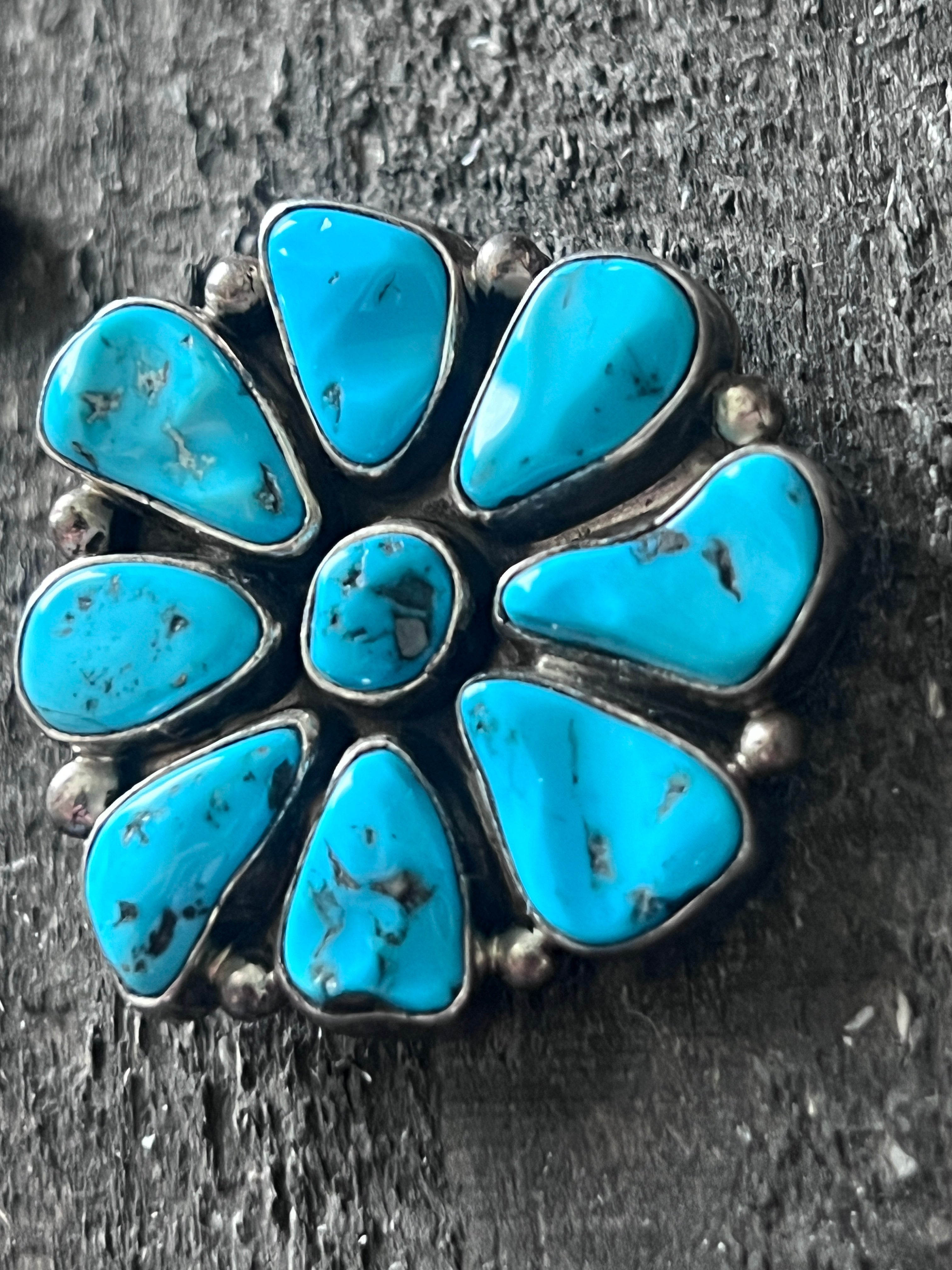 Estate Collection Sterling Silver and Sleeping Beauty Turquoise Cluster Brooch/Pendant Signed Garcia