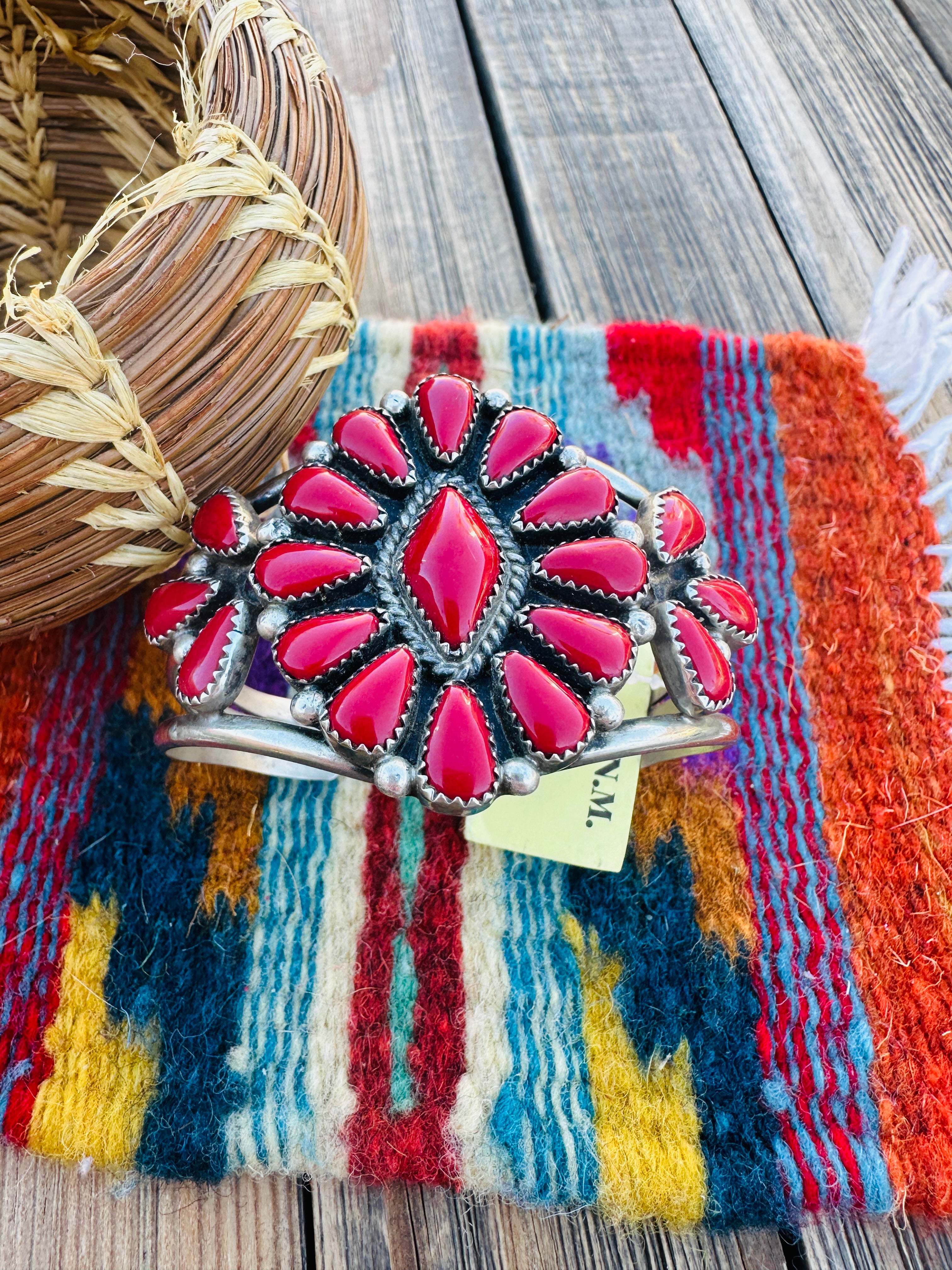 Handcrafted Old Pawn Coral & Sterling Silver Cluster Cuff Bracelet