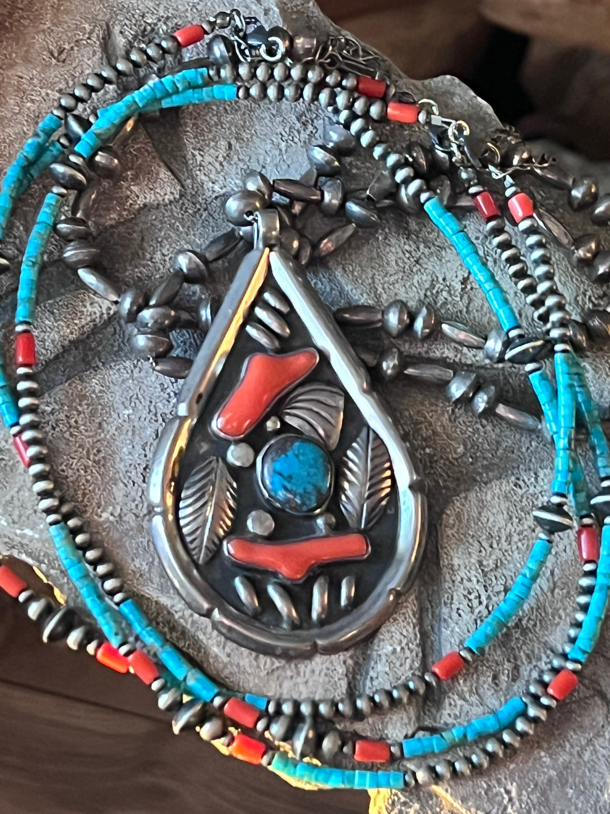 Bohemian Bliss Beaded Choker with Sterling Silver, Mediterranean Coral and Turquoise, 16” + 2”