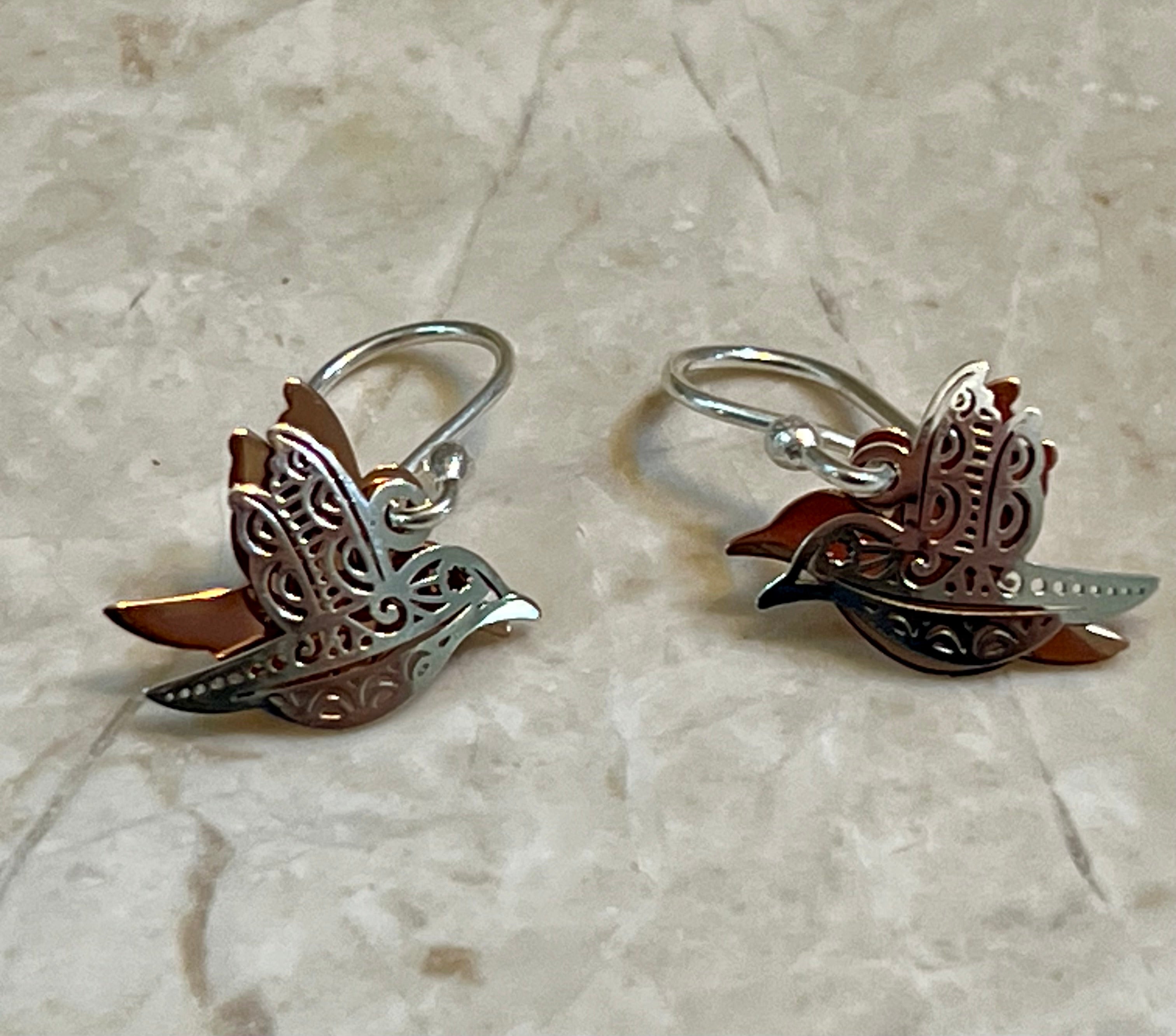 Silver & Copper Two-Piece Hummingbird Earrings on Hook