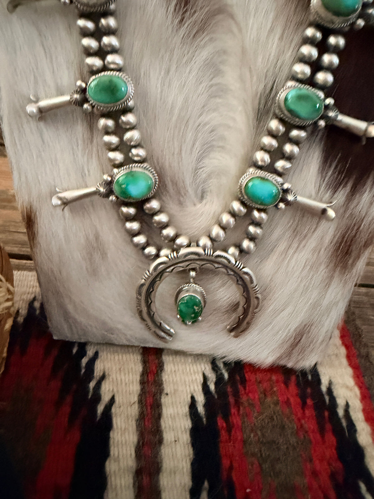 Handcrafted Sonoran Mountain Turquoise & Sterling Silver Beaded Squash Blossom Necklace Set by Melvin Francis