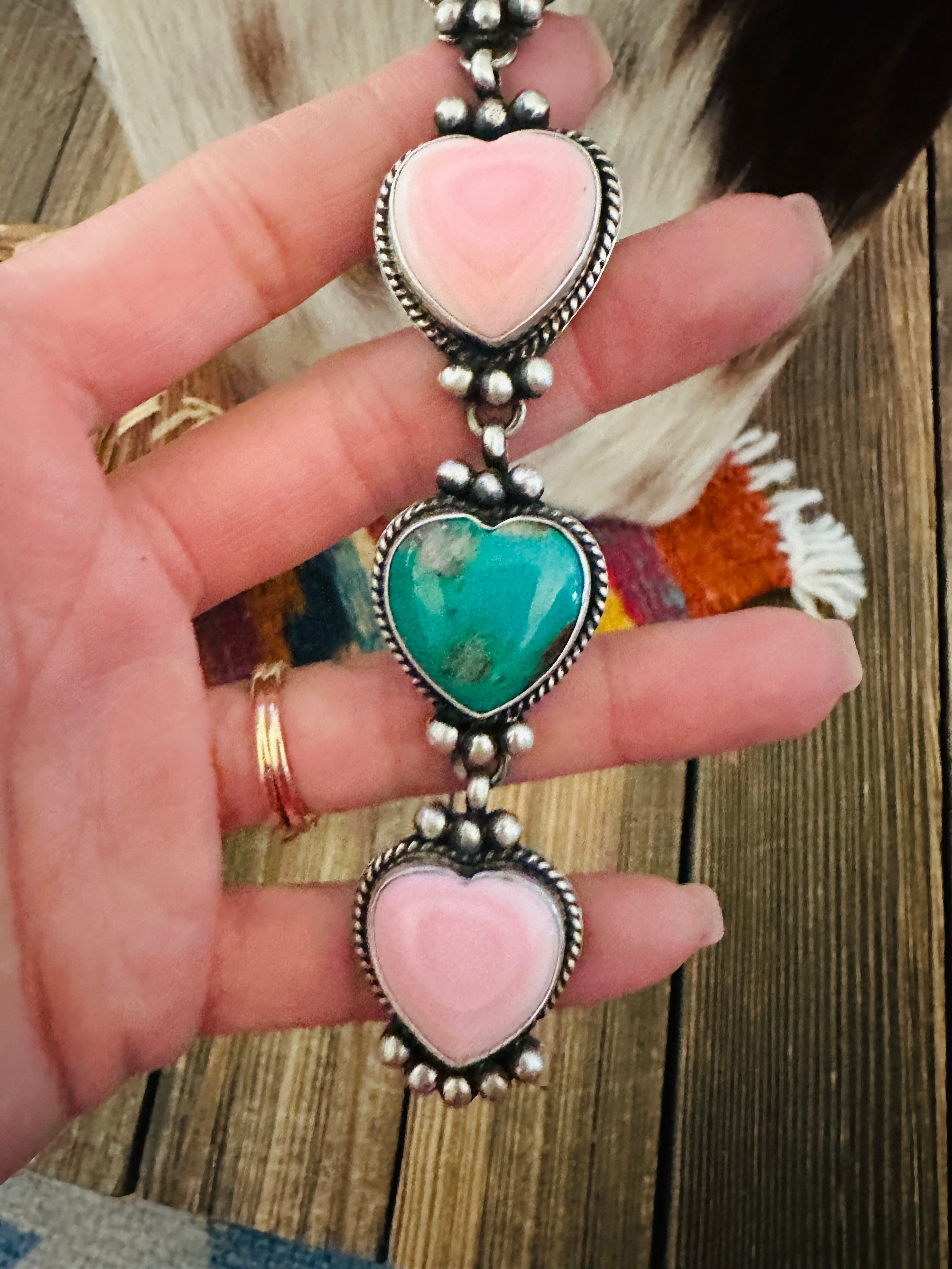 Handcrafted Queen Pink Conch, Turquoise & Sterling Silver Heart Necklace by Patrick Yazzie