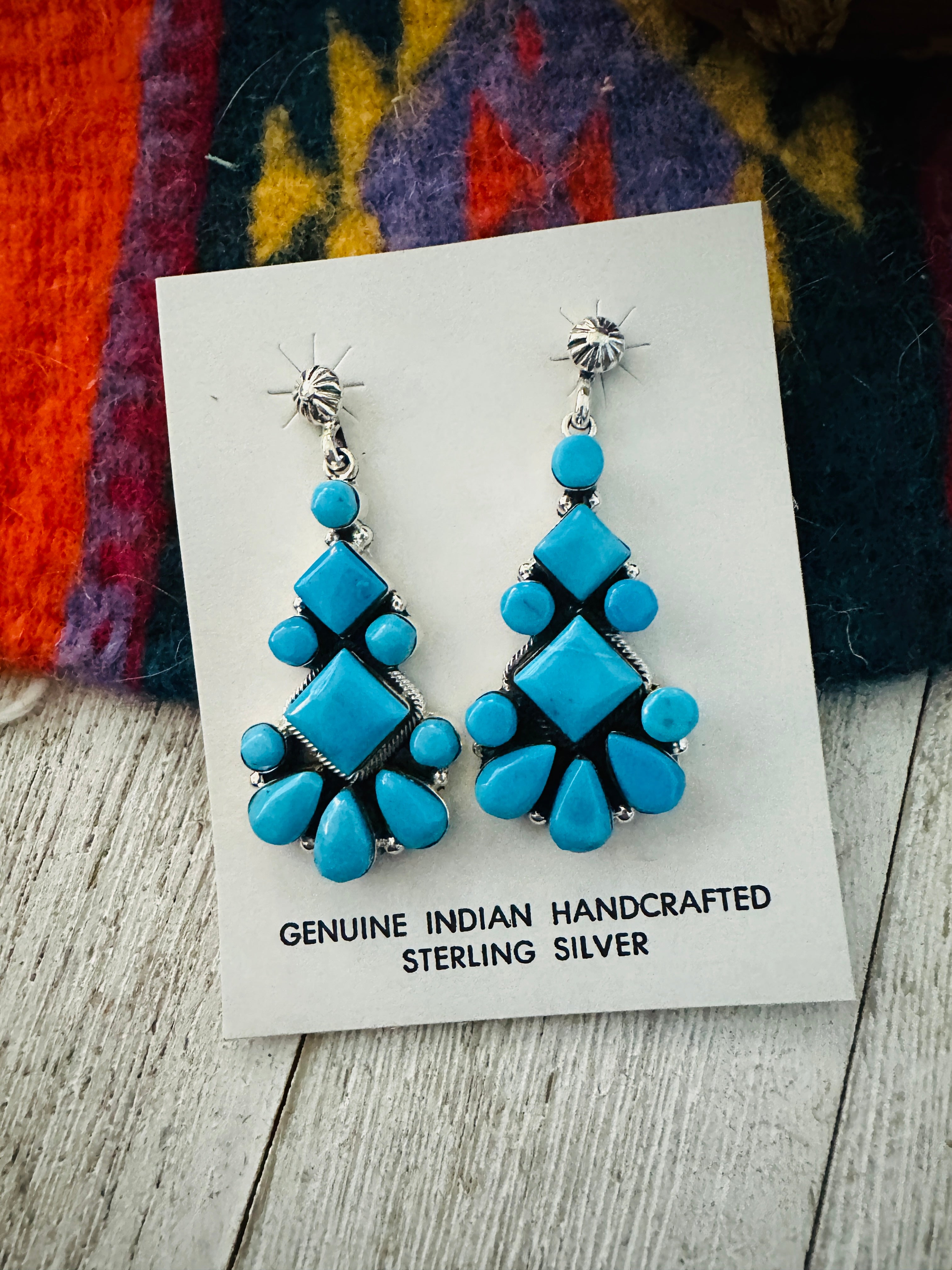 Navajo Sterling Silver & Turquoise Cluster Dangle Earrings