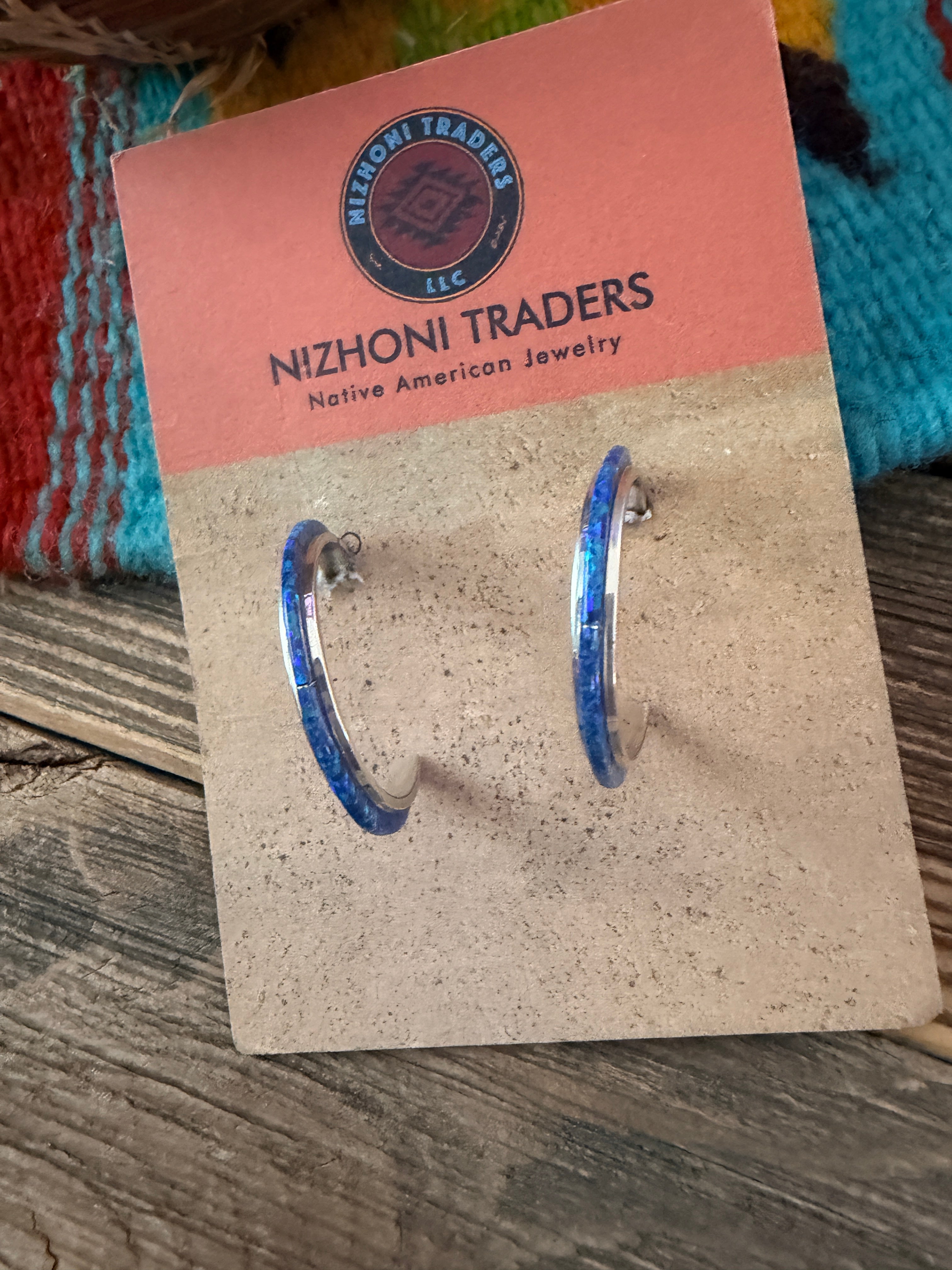 Handcrafted Sterling Silver & Blue Opal Inlay Hoop Earrings
