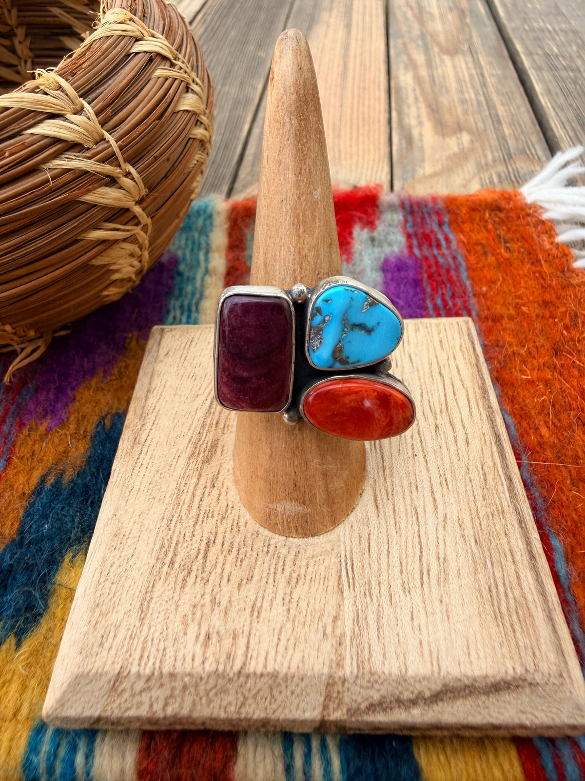 Handcrafted Spiny Oyster, Turquoise & Sterling Silver Adjustable Cluster Ring by Robert Livingston