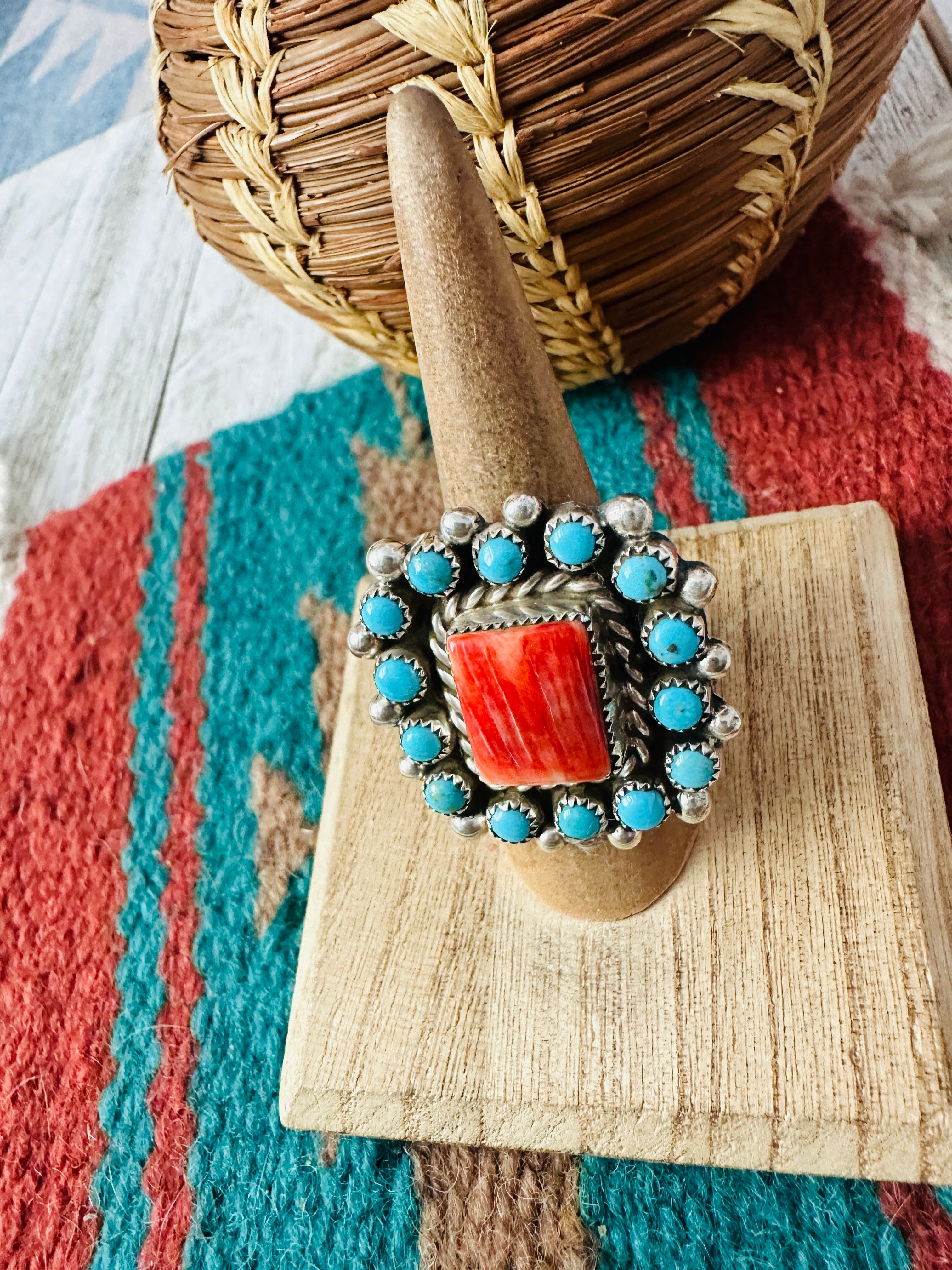 Navajo Sterling Silver, Spiny & Turquoise Cluster Adjustable Ring