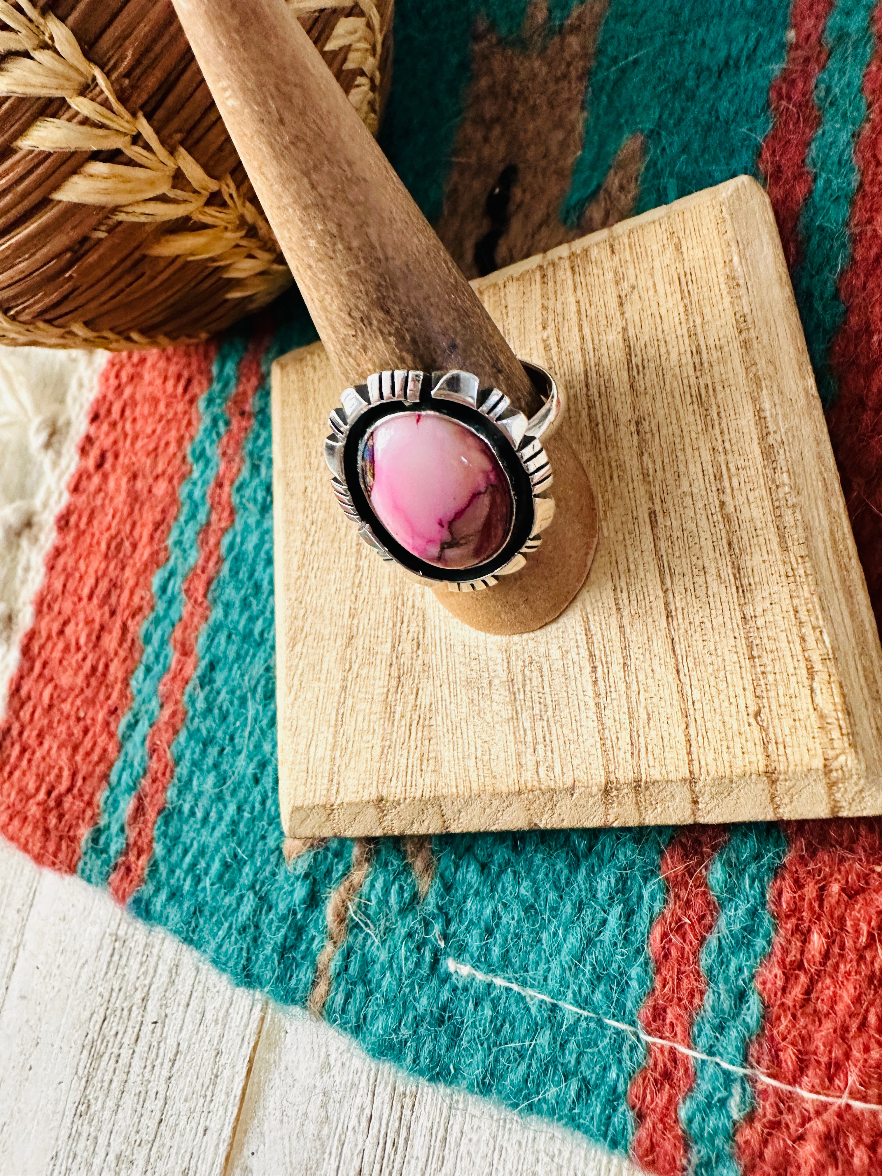 Navajo Sterling Silver & Pink Dream Mojave Adjustable Ring