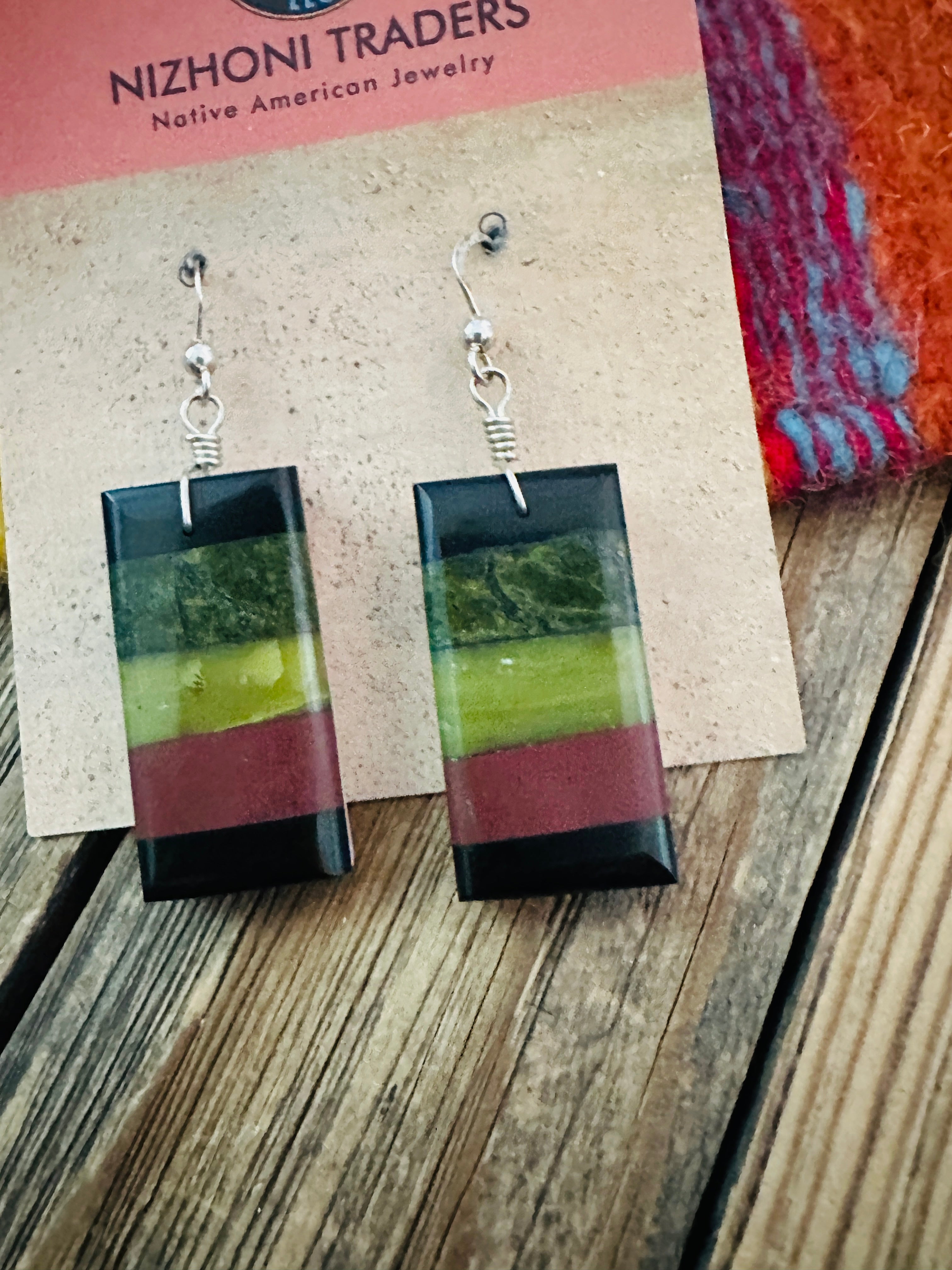 Handcrafted Multi Stone Inlay Slab Dangle Earrings