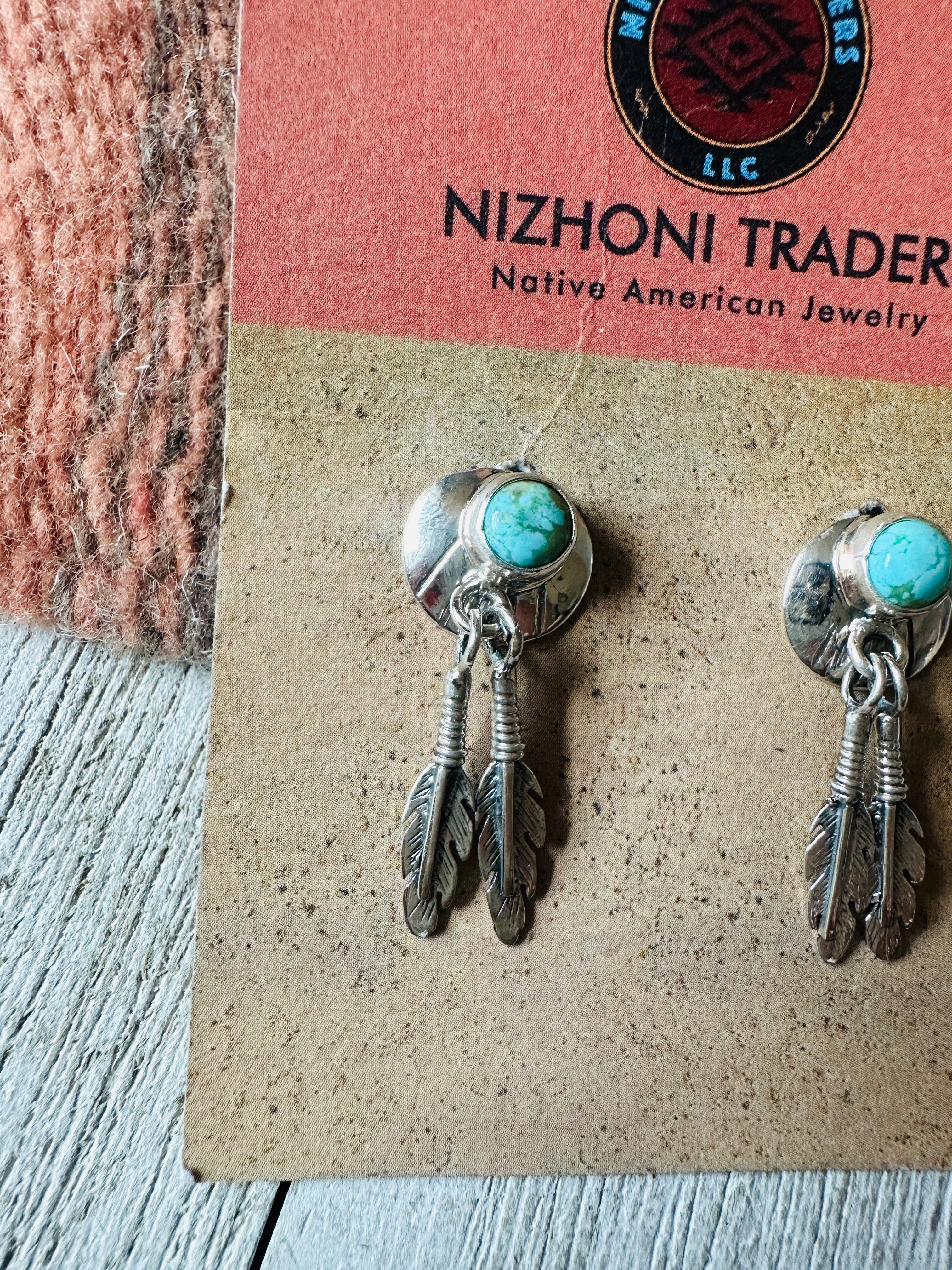 Navajo Turquoise & Sterling Silver Concho Feather Earrings