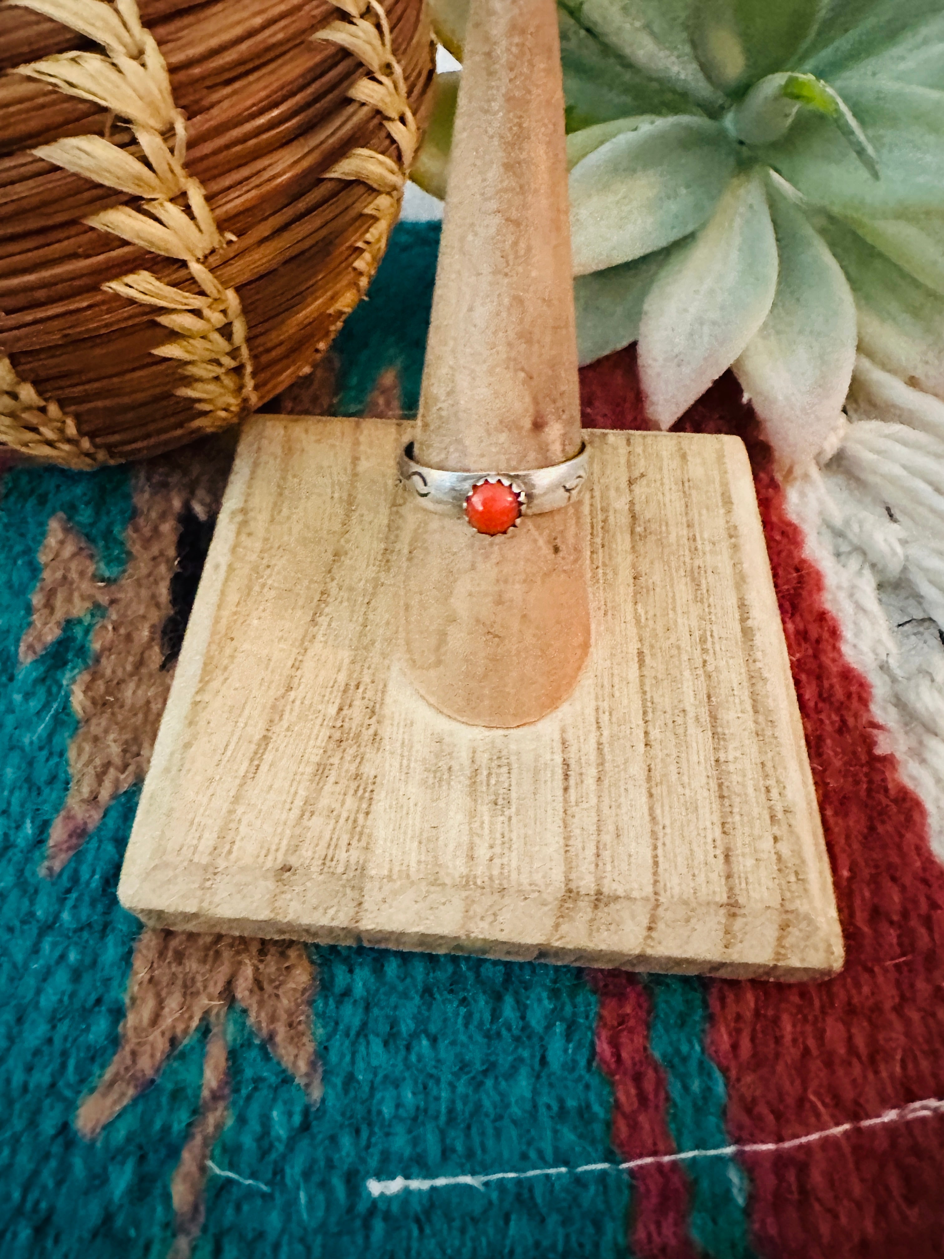 Navajo Sterling Silver & Coral Ring Size 7.5