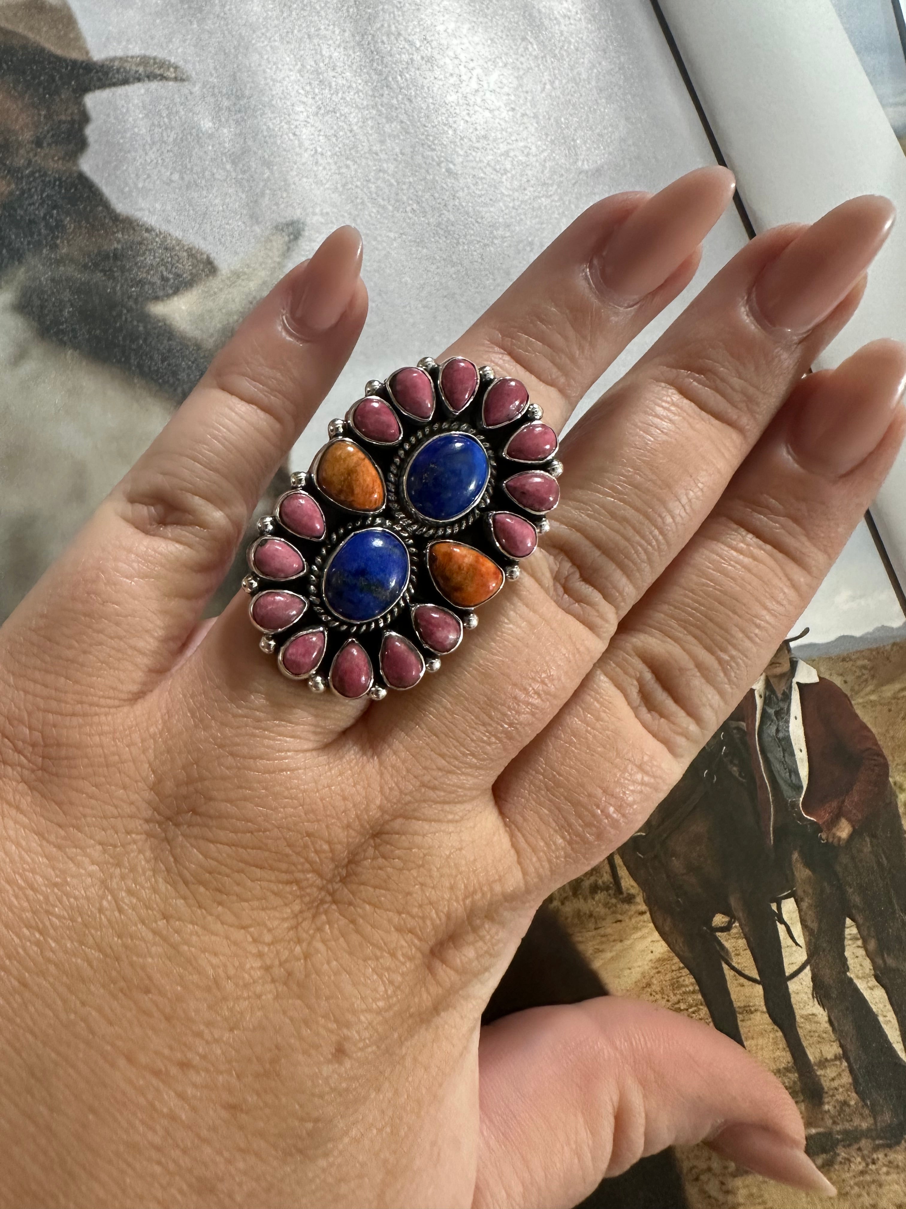 Handmade Orange Mojave, Lapis, Rhodonite And Sterling Silver Adjustable Ring