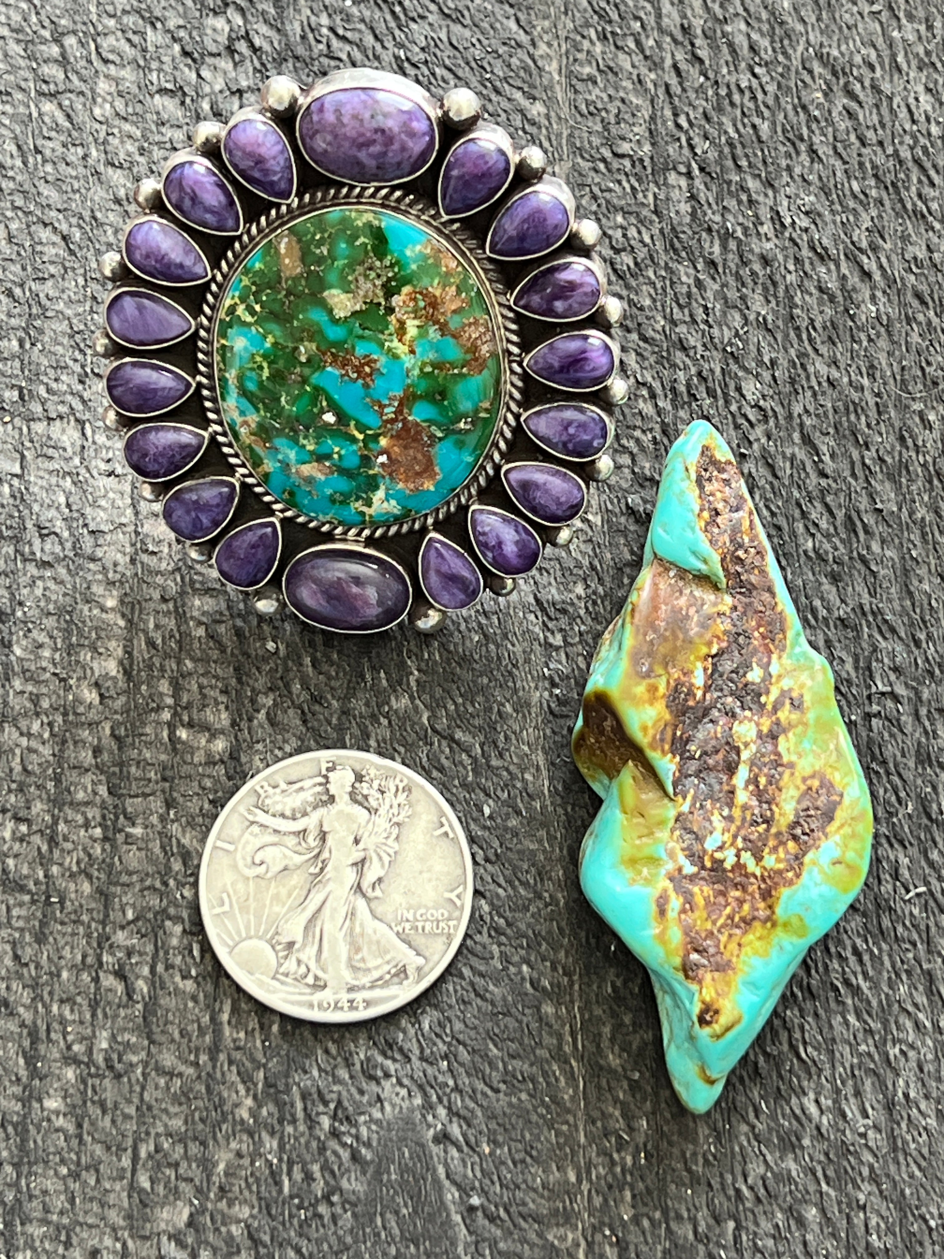 Handcrafted Sterling Silver, Sonoran Turquoise and Charoite Cluster Ring by Tyler Brown: Adjustable
