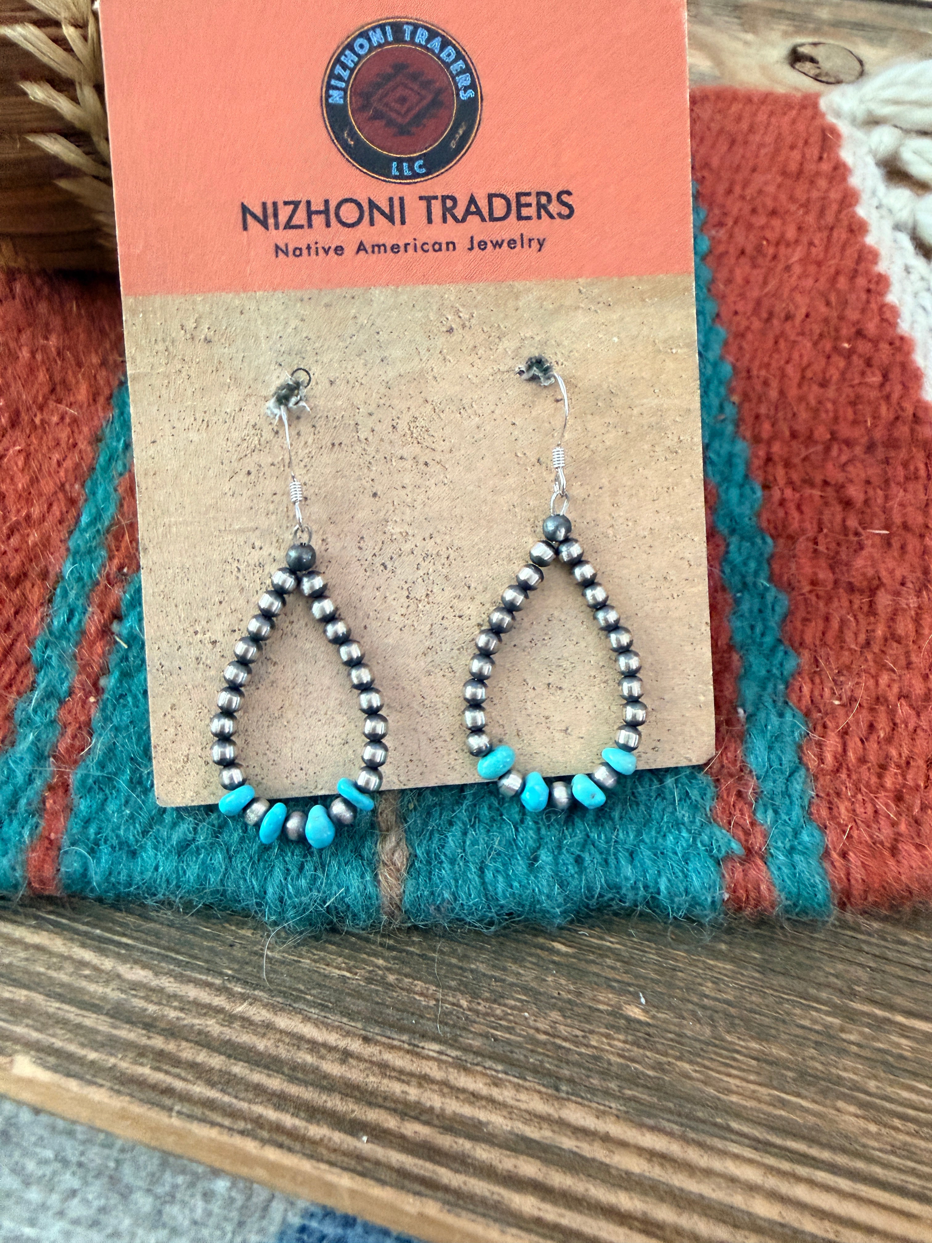 Handcrafted Sterling Silver Pearl & Turquoise Dangle Hoop Earrings