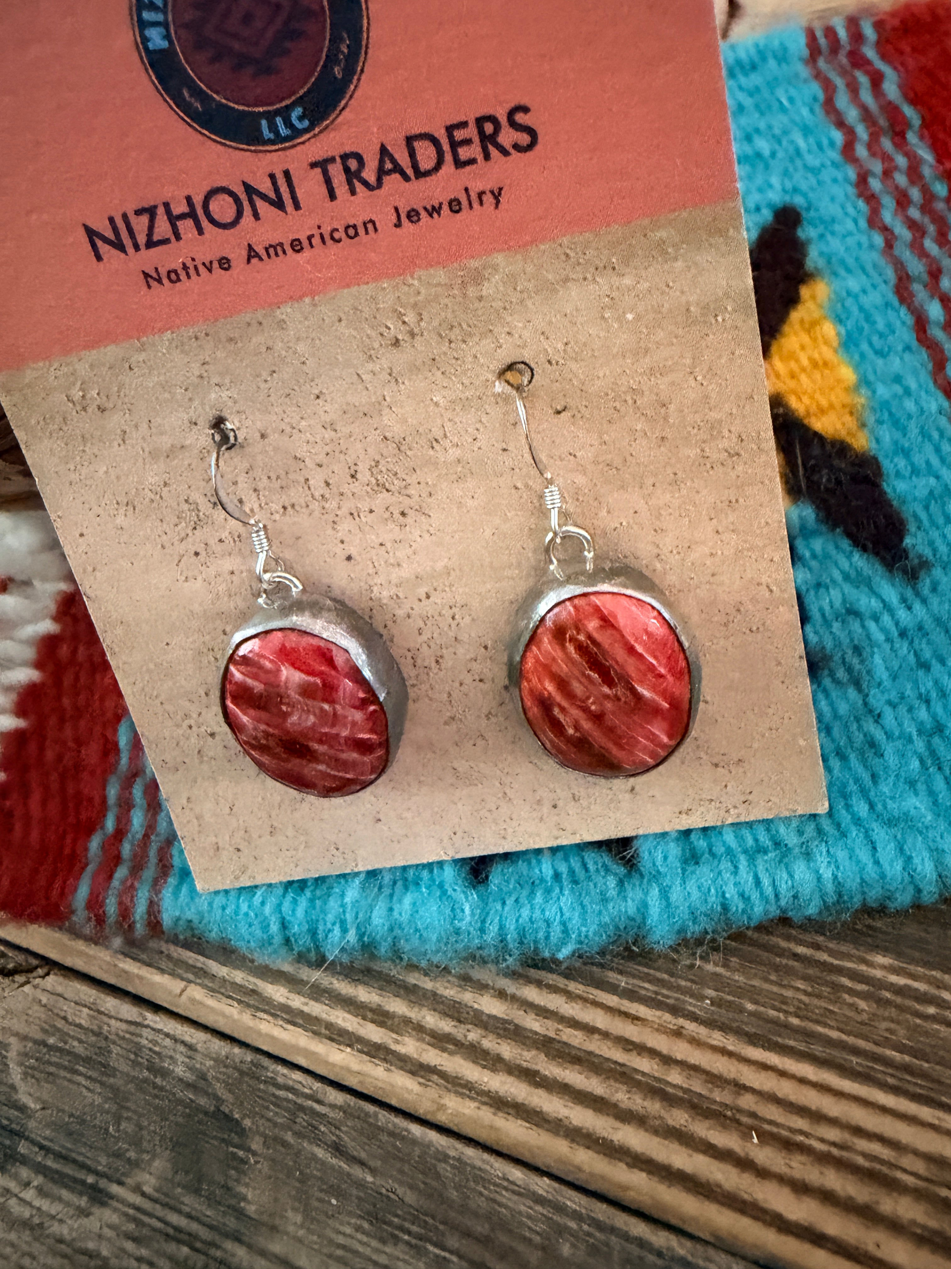 Handcrafted Orange Spiny Oyster & Sterling Silver Dangle Earrings by Charlene Yazzie