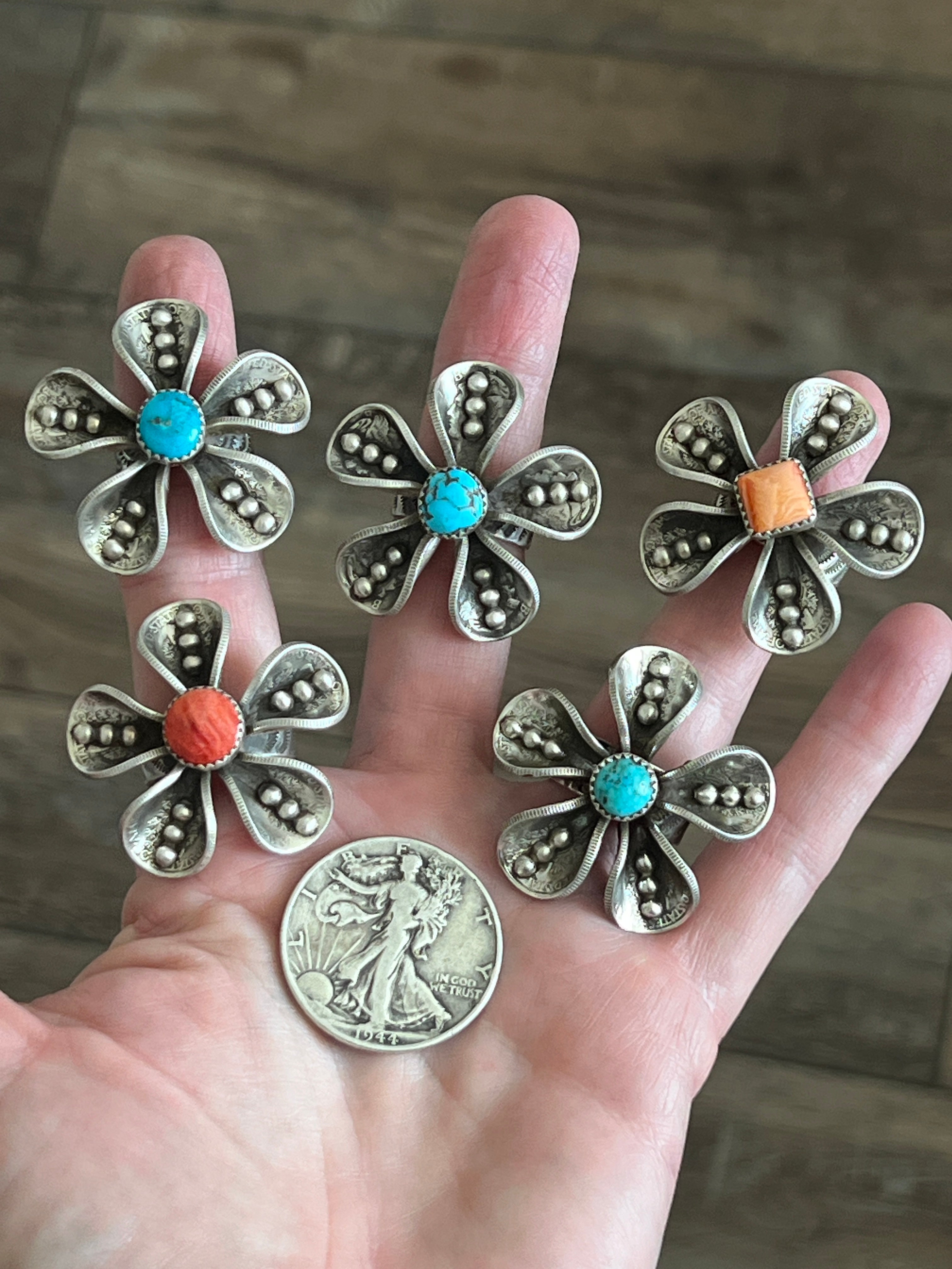 Handcrafted Sterling and Coin Silver Mercury Dime Flower Ring with Orange Spiny Oyster by James Begay, Adjustable