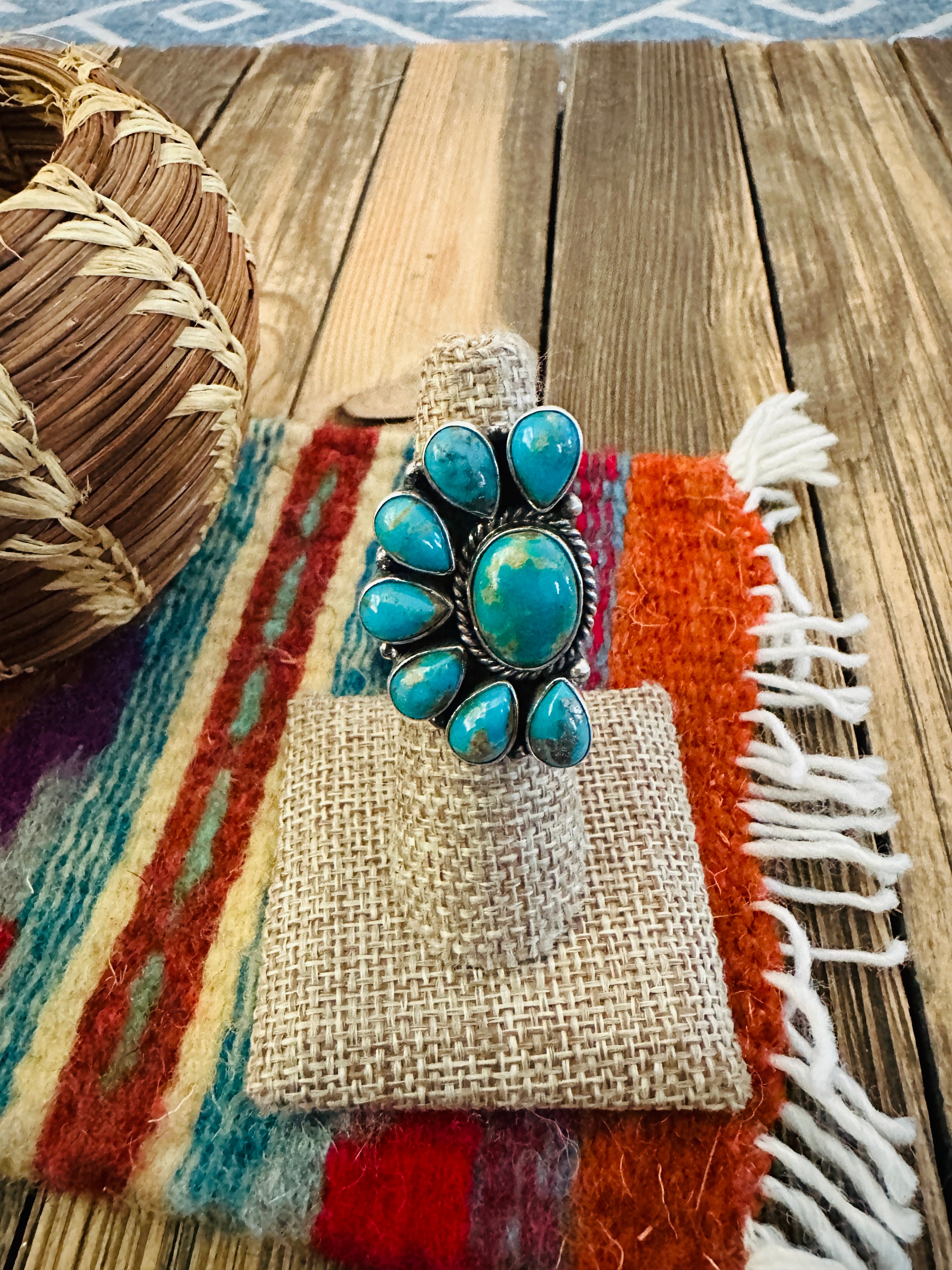 Handcrafted Turquoise & Sterling Silver Adjustable Cluster Ring by Elouise Richards