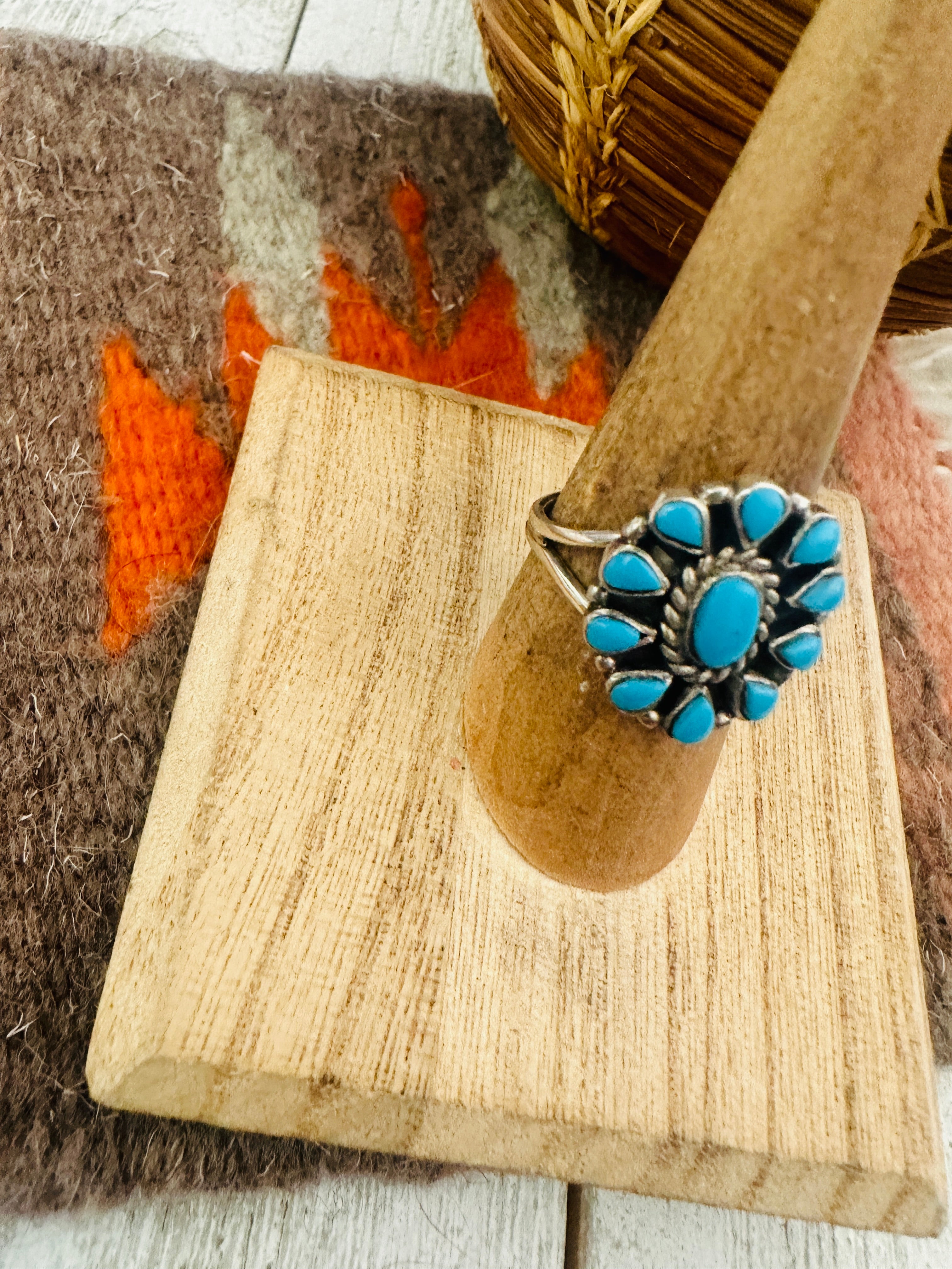 Navajo Turquoise & Sterling Silver Cluster Ring Size 7.25