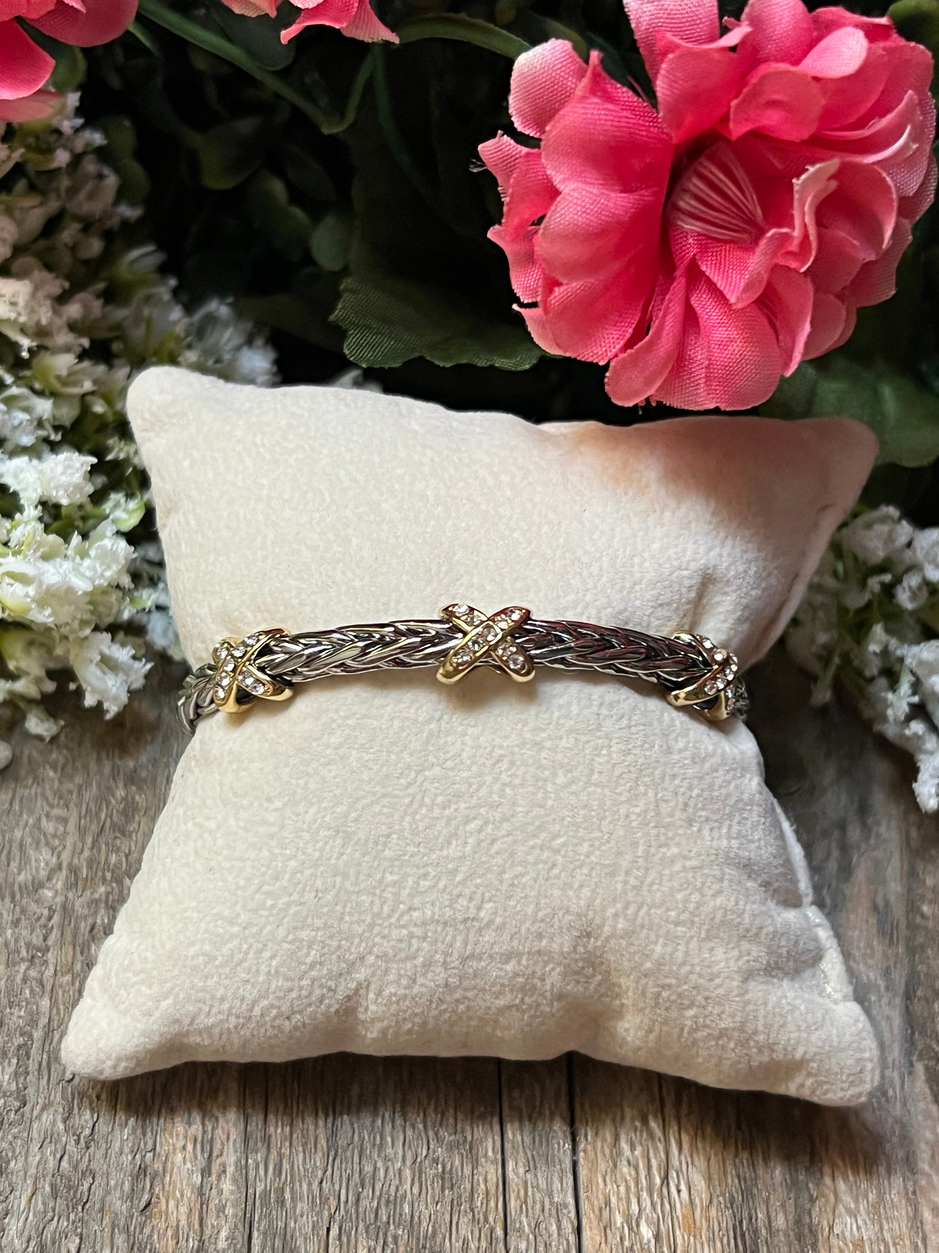 Silver & 14k Gold Plated Two Tone CZ Ponytail “X” Bangle Bracelet