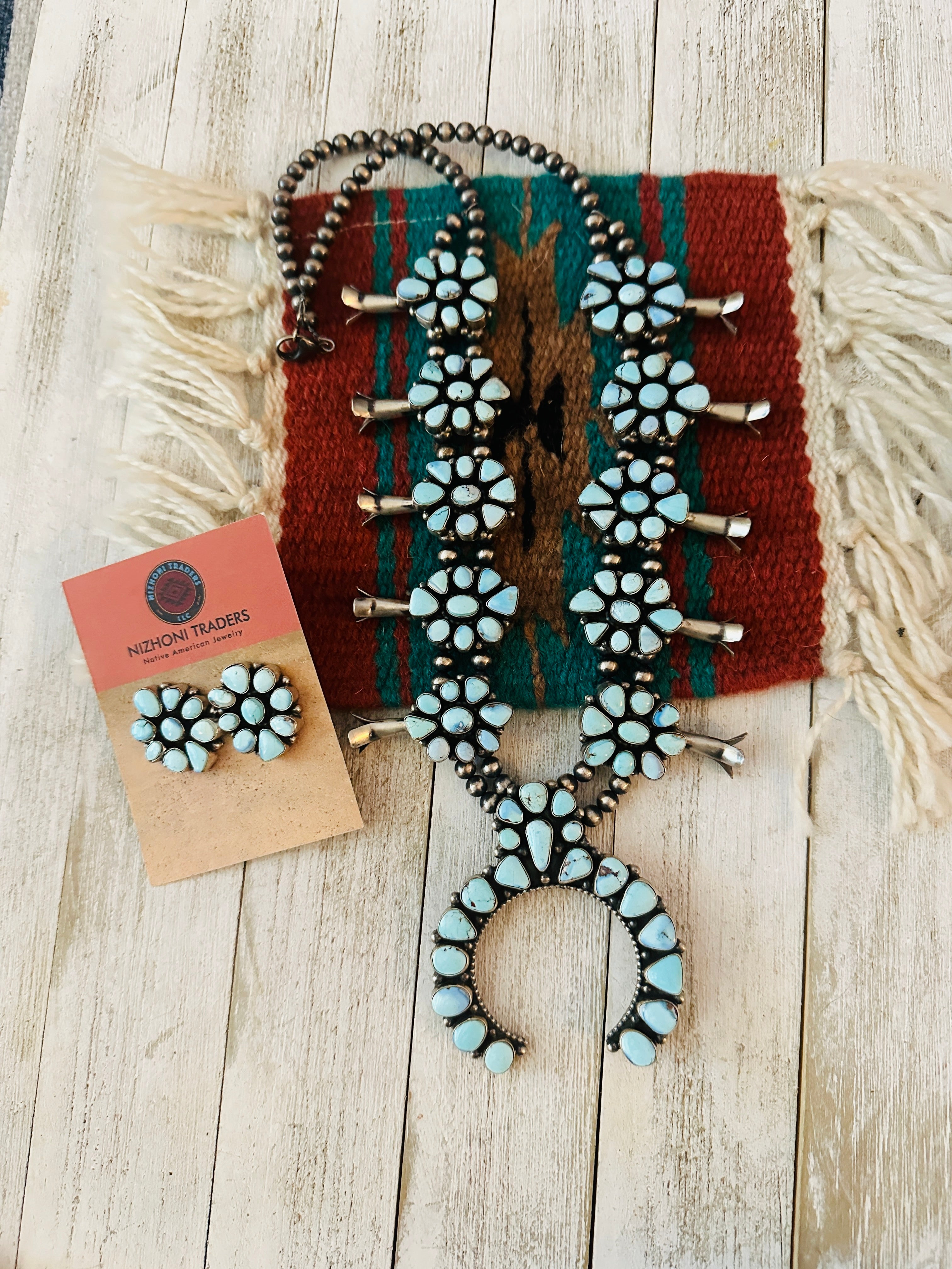 Navajo Golden Hills Turquoise & Sterling Silver Squash Blossom Necklace Set