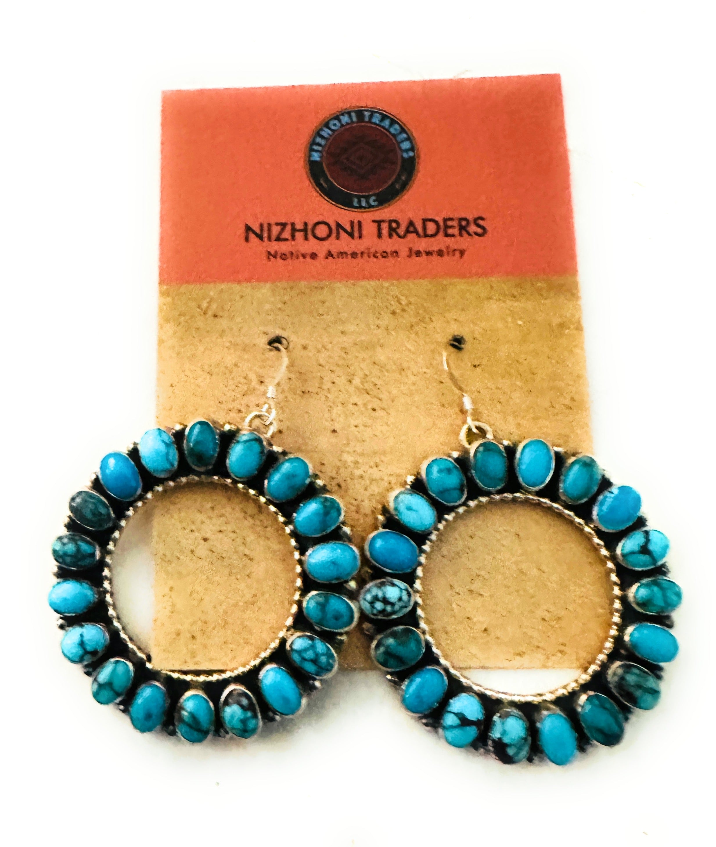 Navajo Sterling Silver & Turquoise Cluster Dangle Hoop Earrings