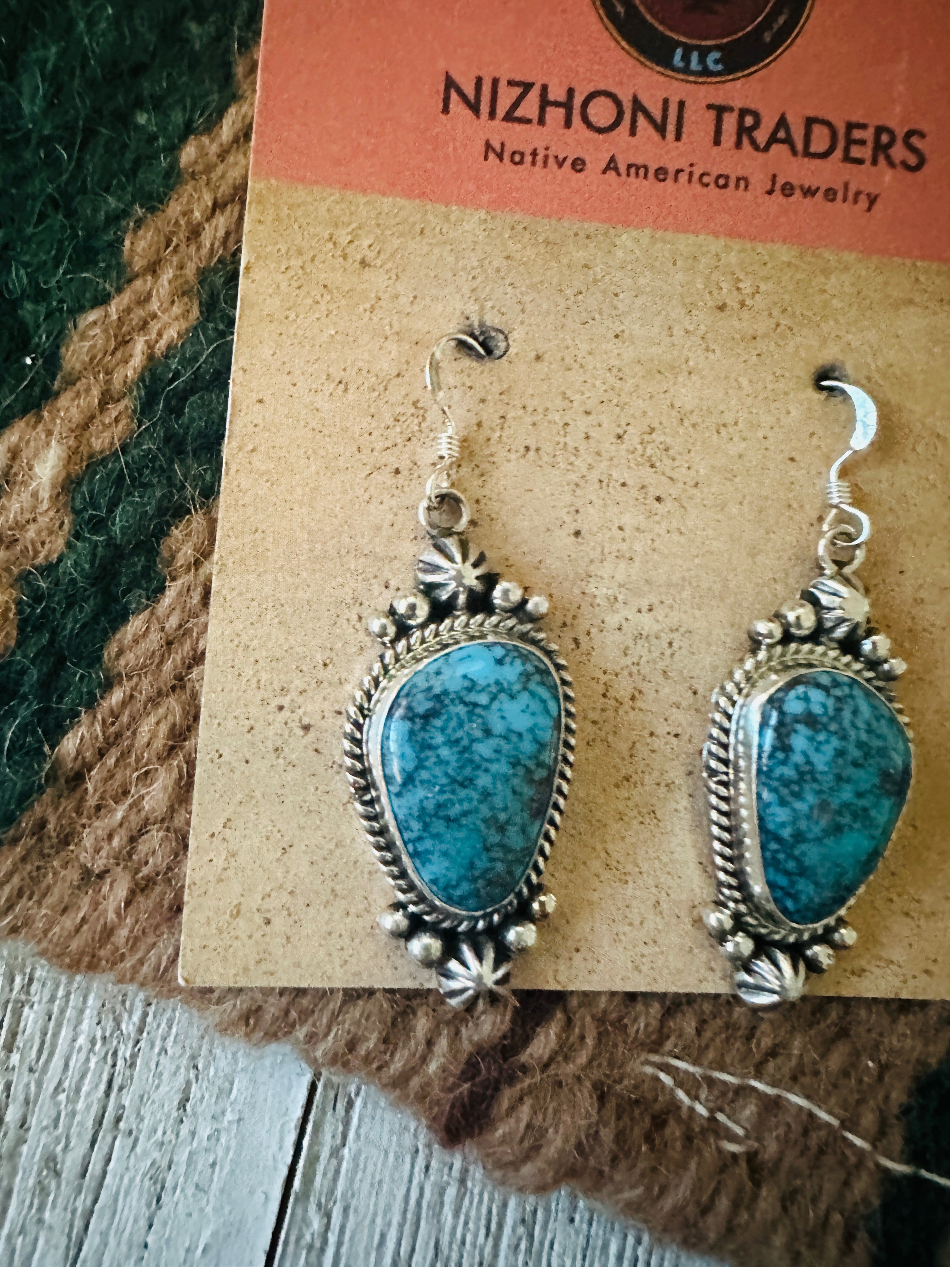 Navajo Kingman Web Turquoise and Sterling Silver Dangle Earrings