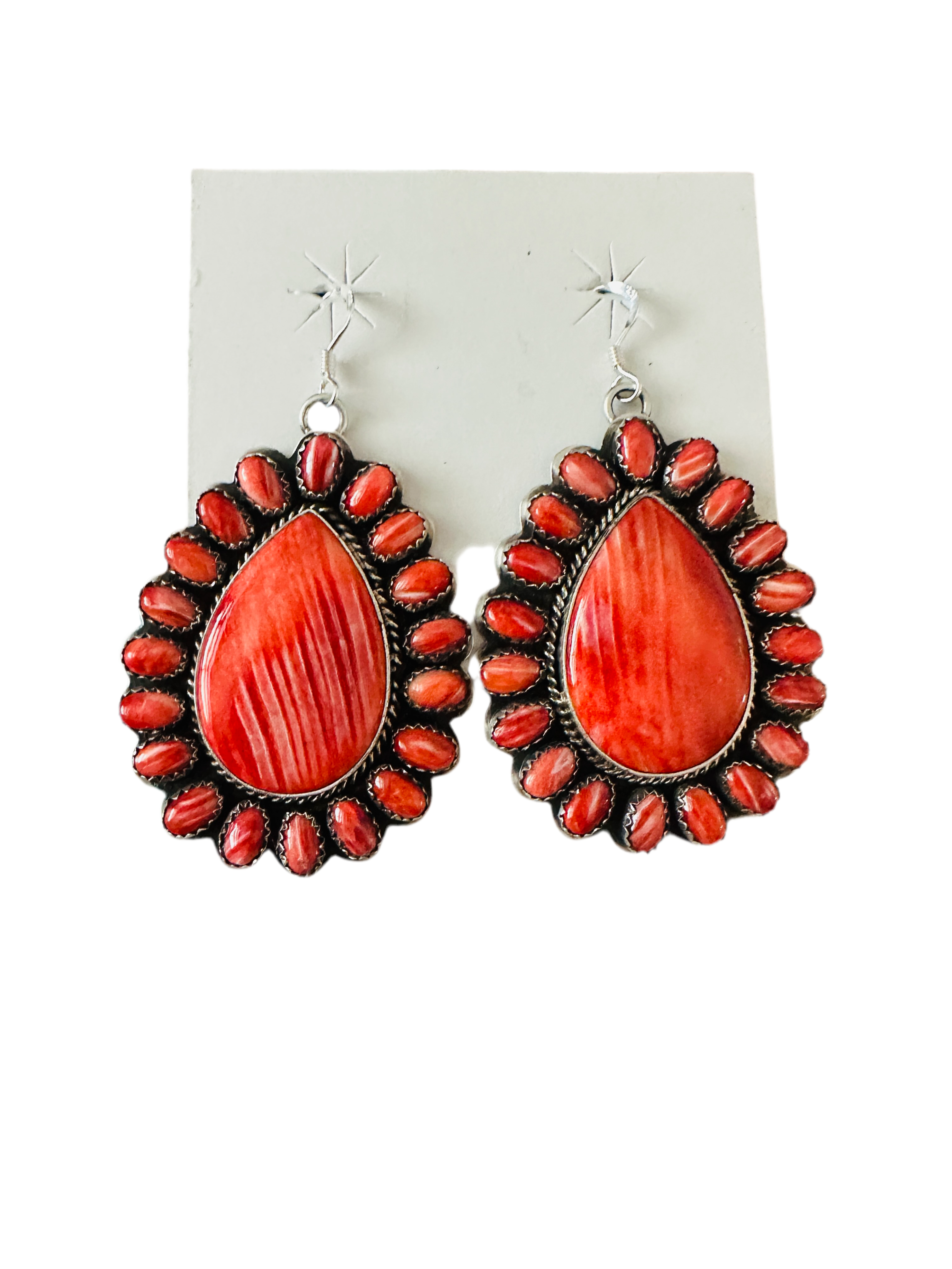 Navajo Sterling Silver & Red Spiny Cluster Dangle Earrings