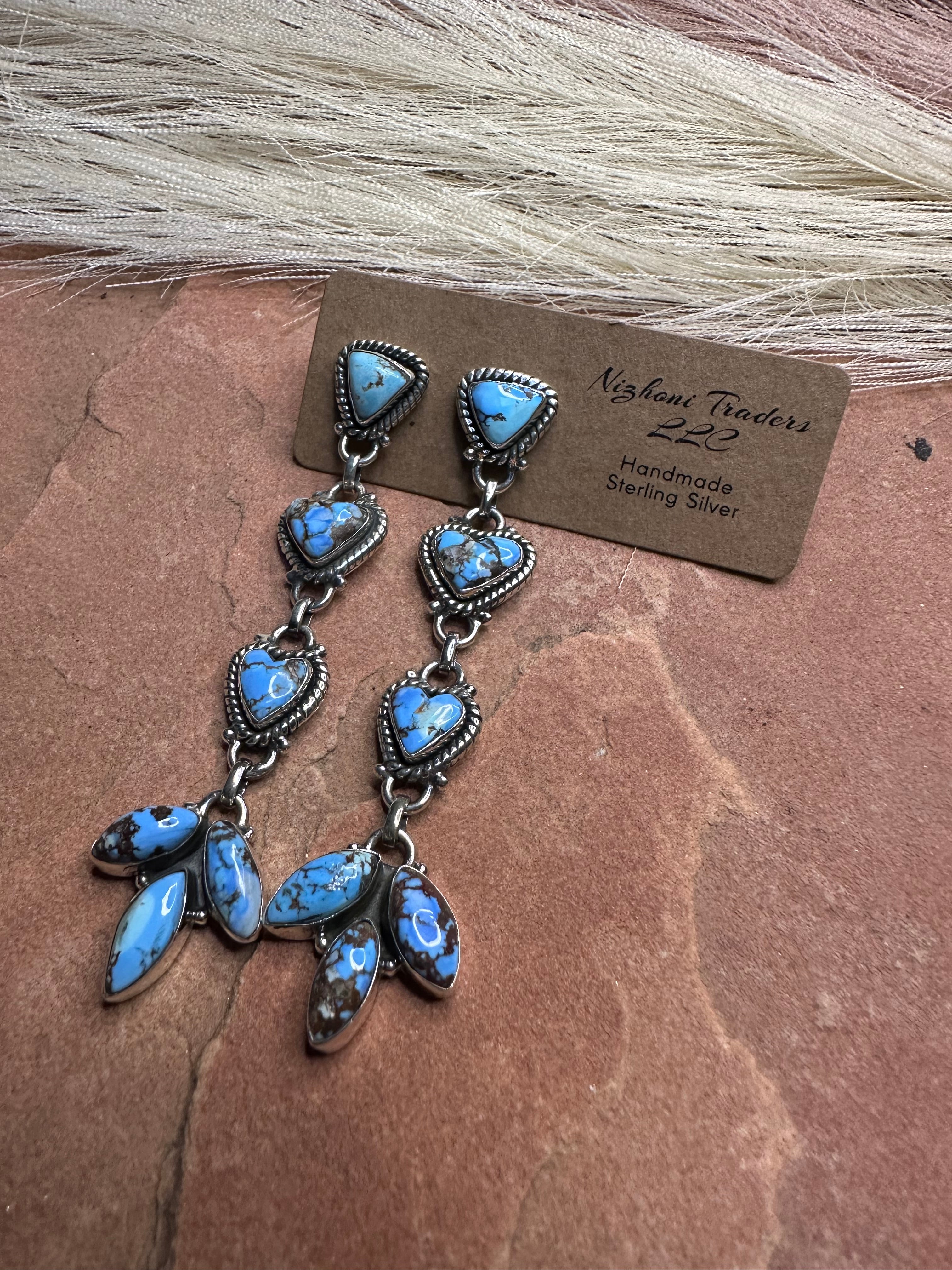 Handmade Golden Hills Turquoise & Sterling Silver Dangle Earrings Signed Nizhoni