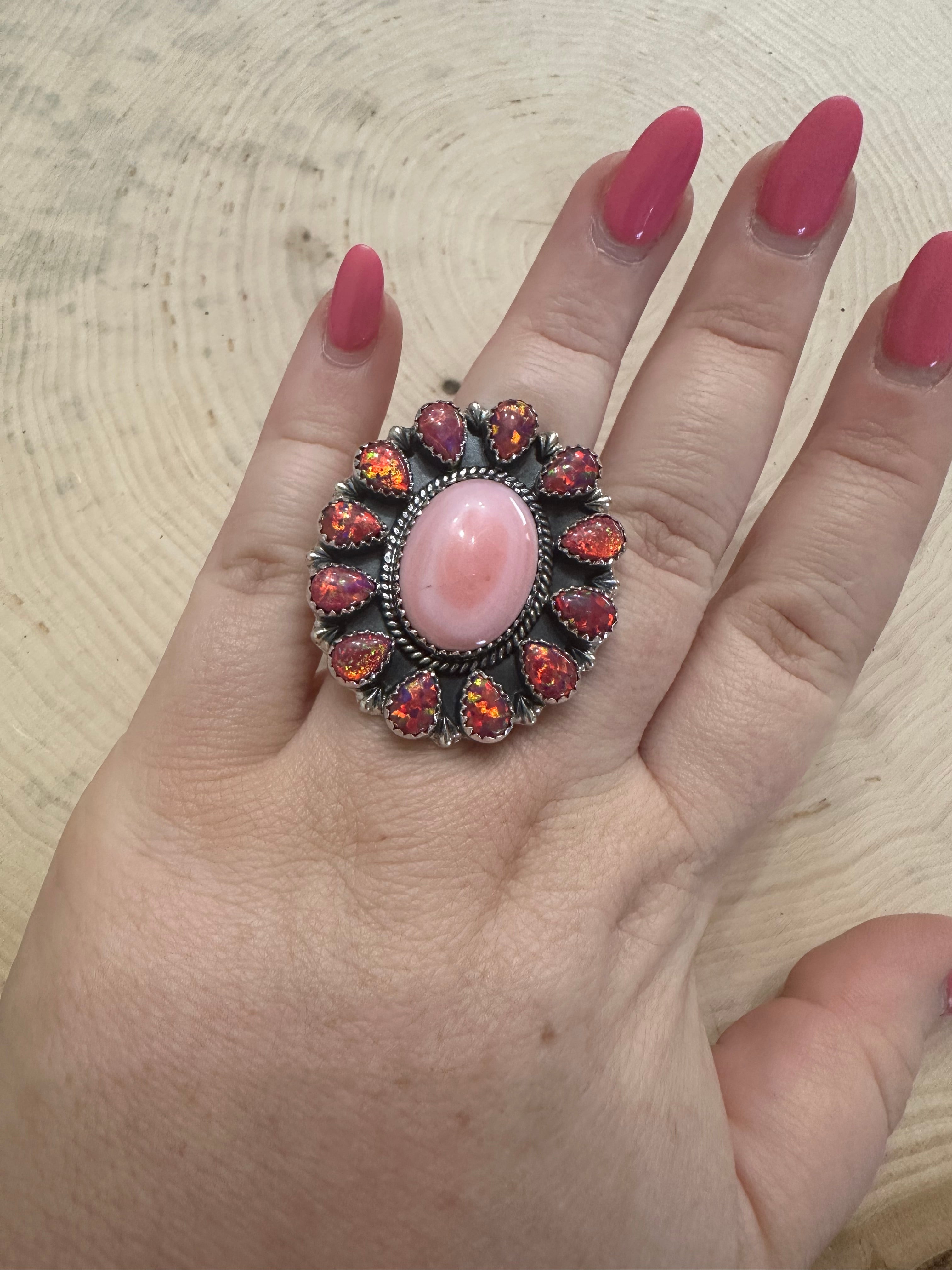 Handmade Pink Conch, Dark Pink Fire Opal And Sterling Silver Adjustable Ring Signed Nizhoni