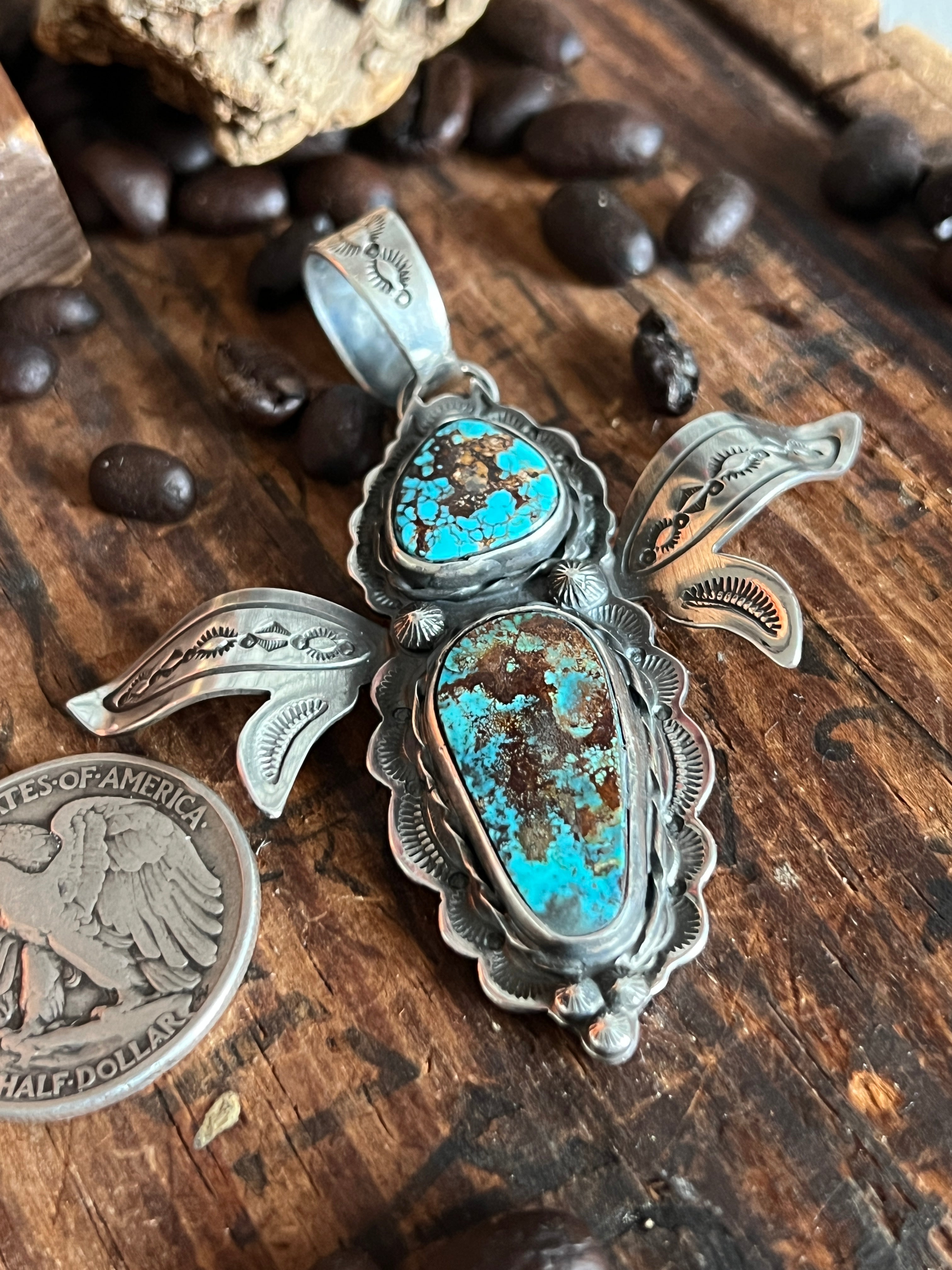 Kimari Somers Hand Stamped Sterling Silver and Turquoise Winged Bug Pendant