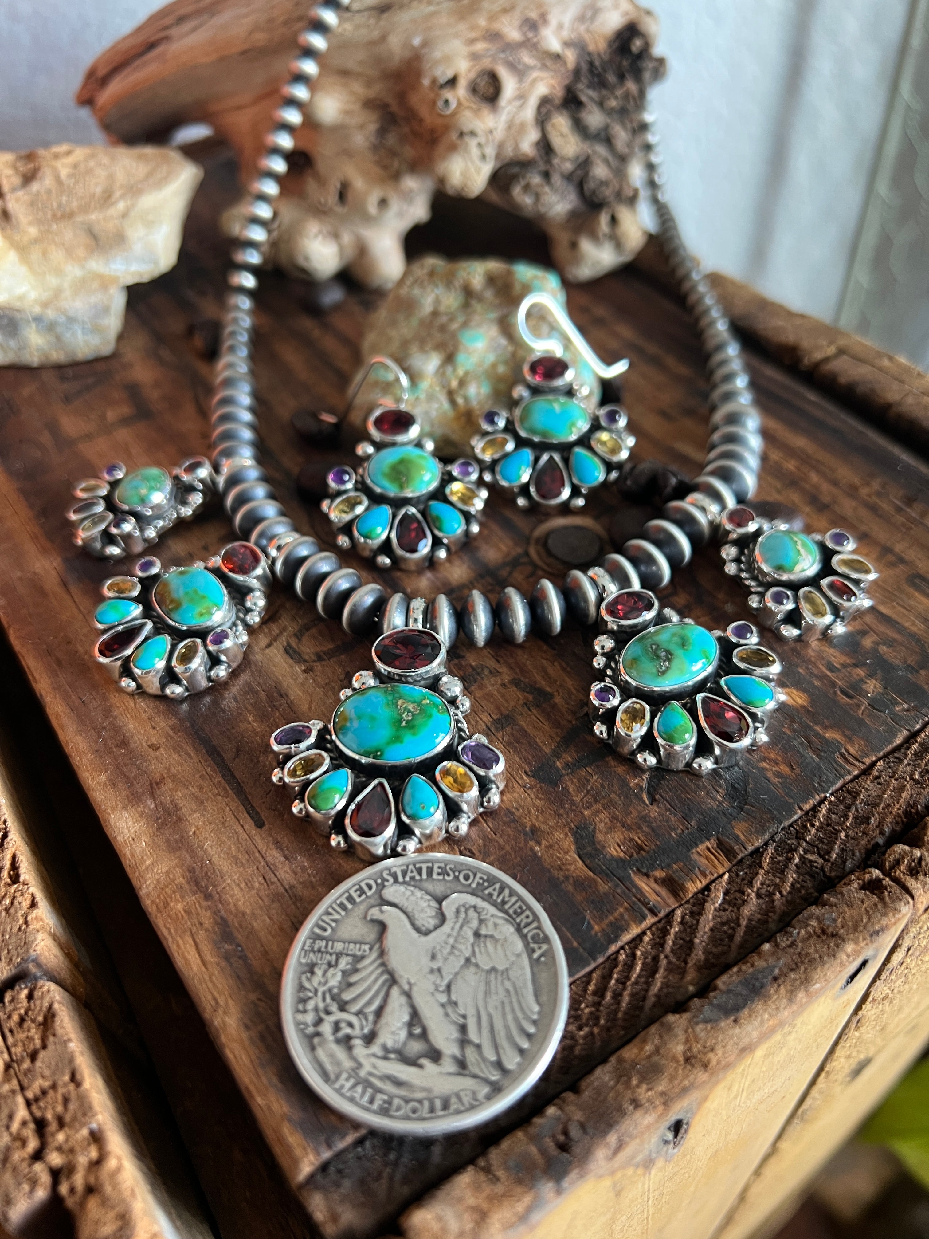 Handcrafted Sterling Silver Gems & Jewels Beaded Cluster Necklace and Earrings Set by Diane Wylie