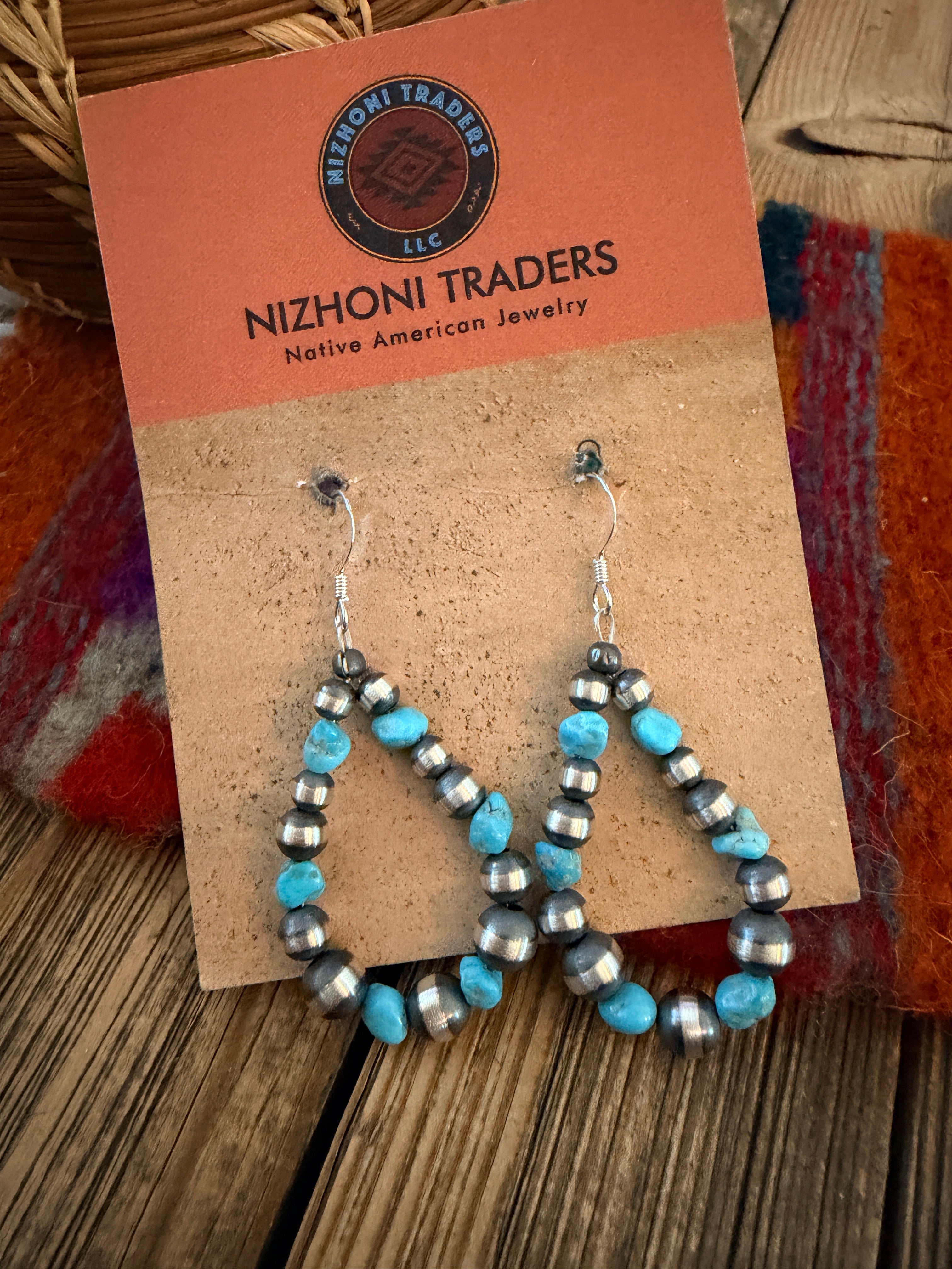 Handcrafted Turquoise & Sterling Silver Pearl Beaded Dangle Hoop Earrings