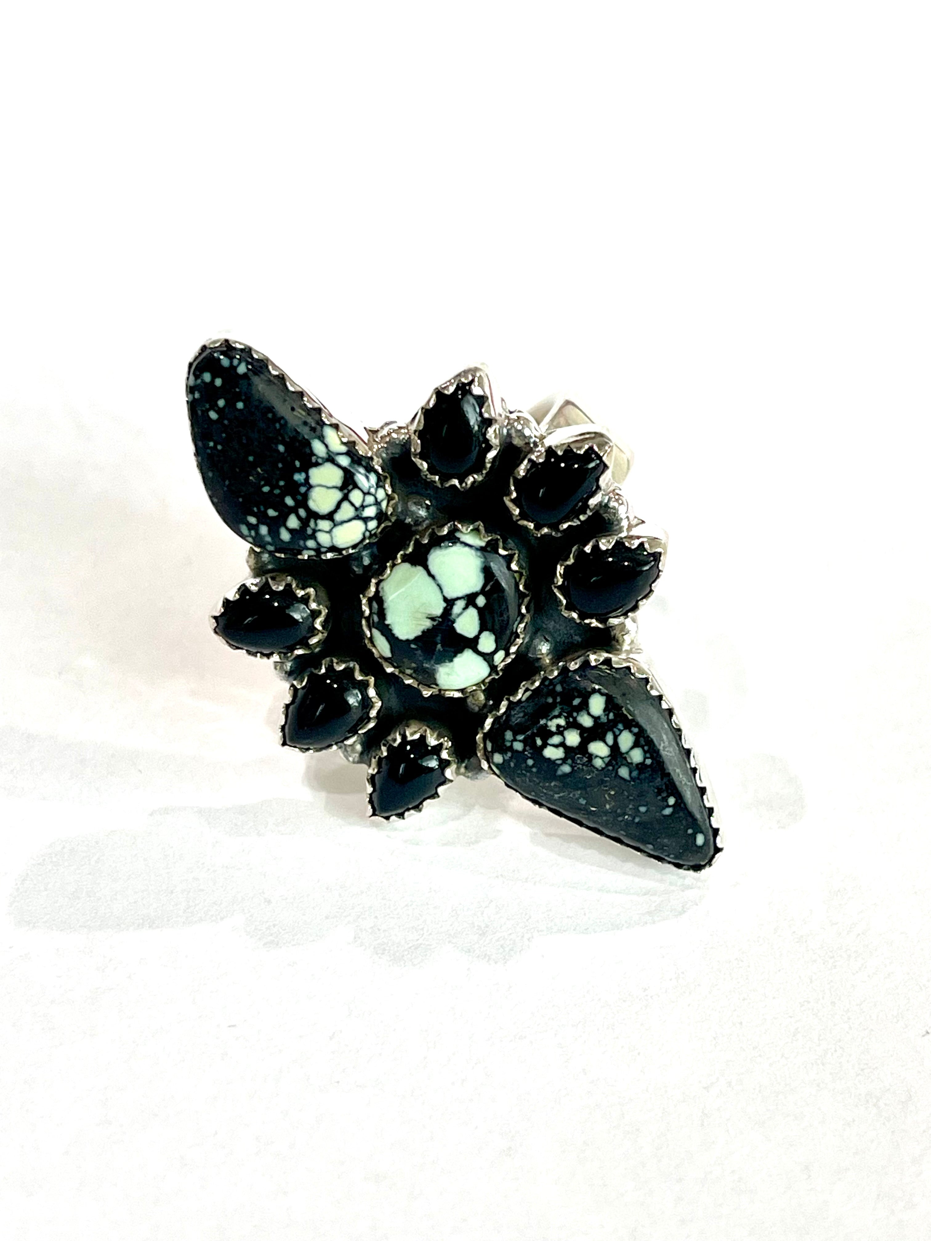 Beautiful Handmade New Lander Turquoise, Onyx And Sterling Silver Adjustable Ring