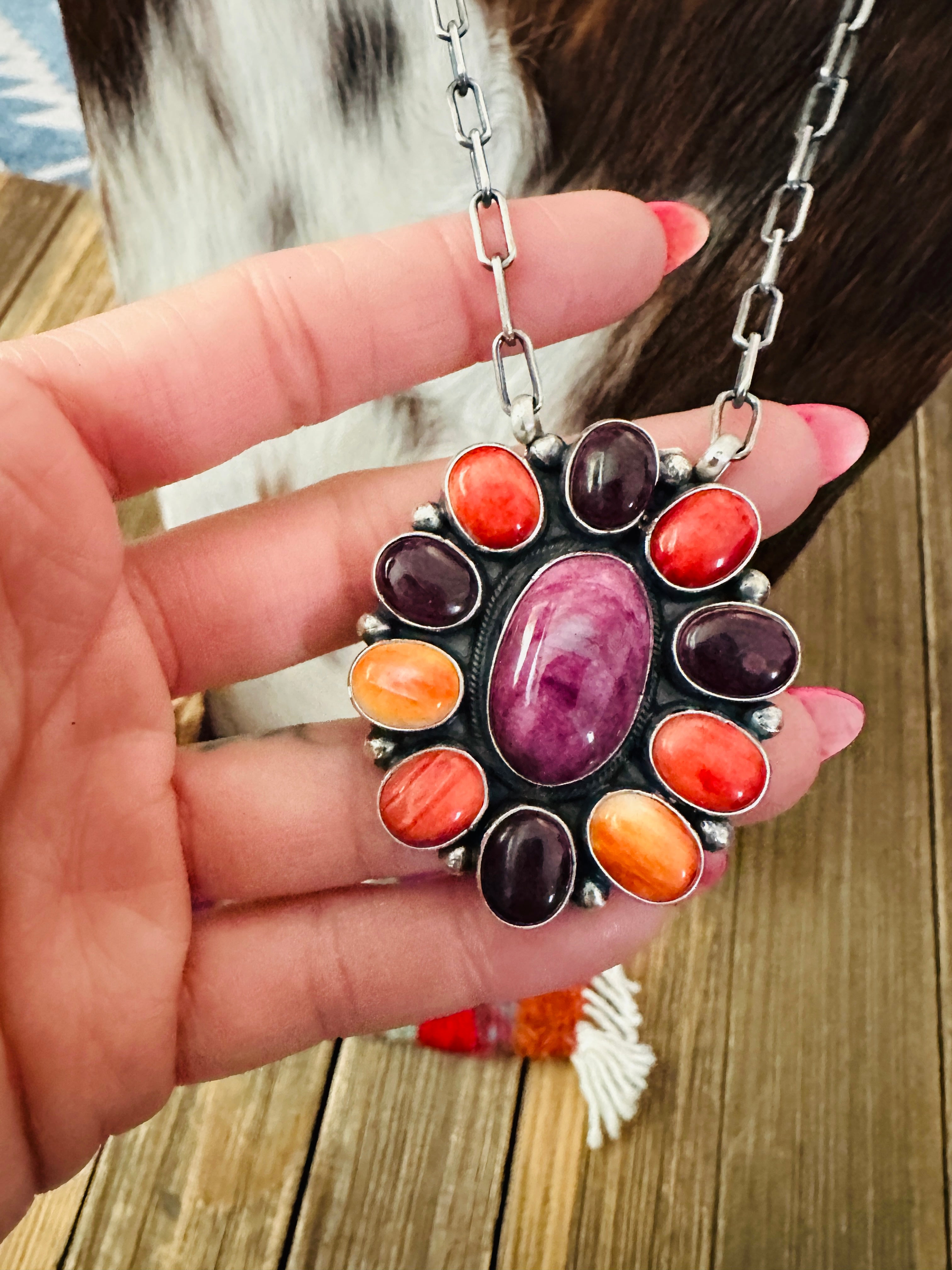 Handcrafted Multicolor Spiny Oyster & Sterling Silver Cluster Necklace by Sheila Becenti