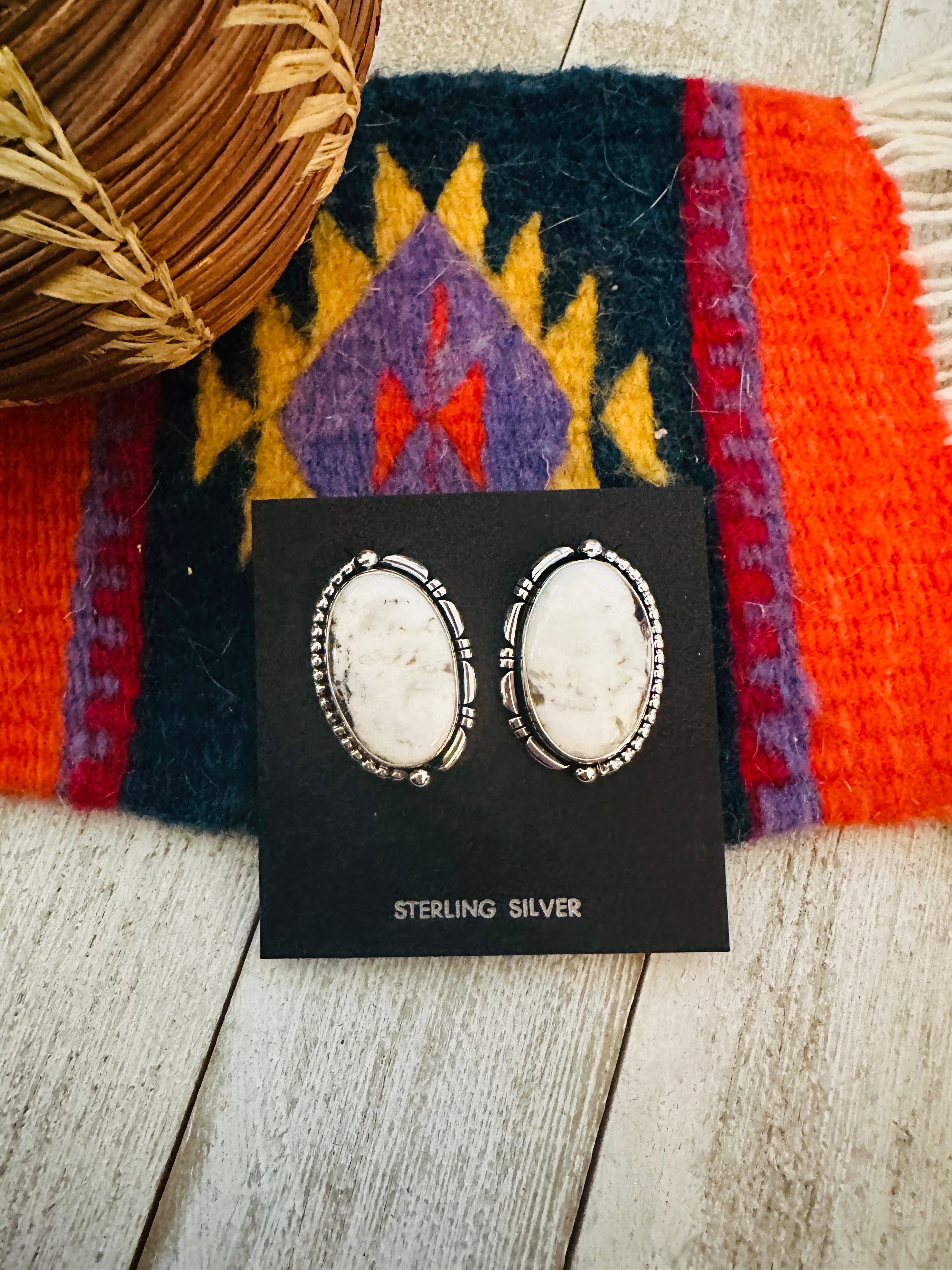 Navajo White Buffalo & Sterling Silver Post Earrings