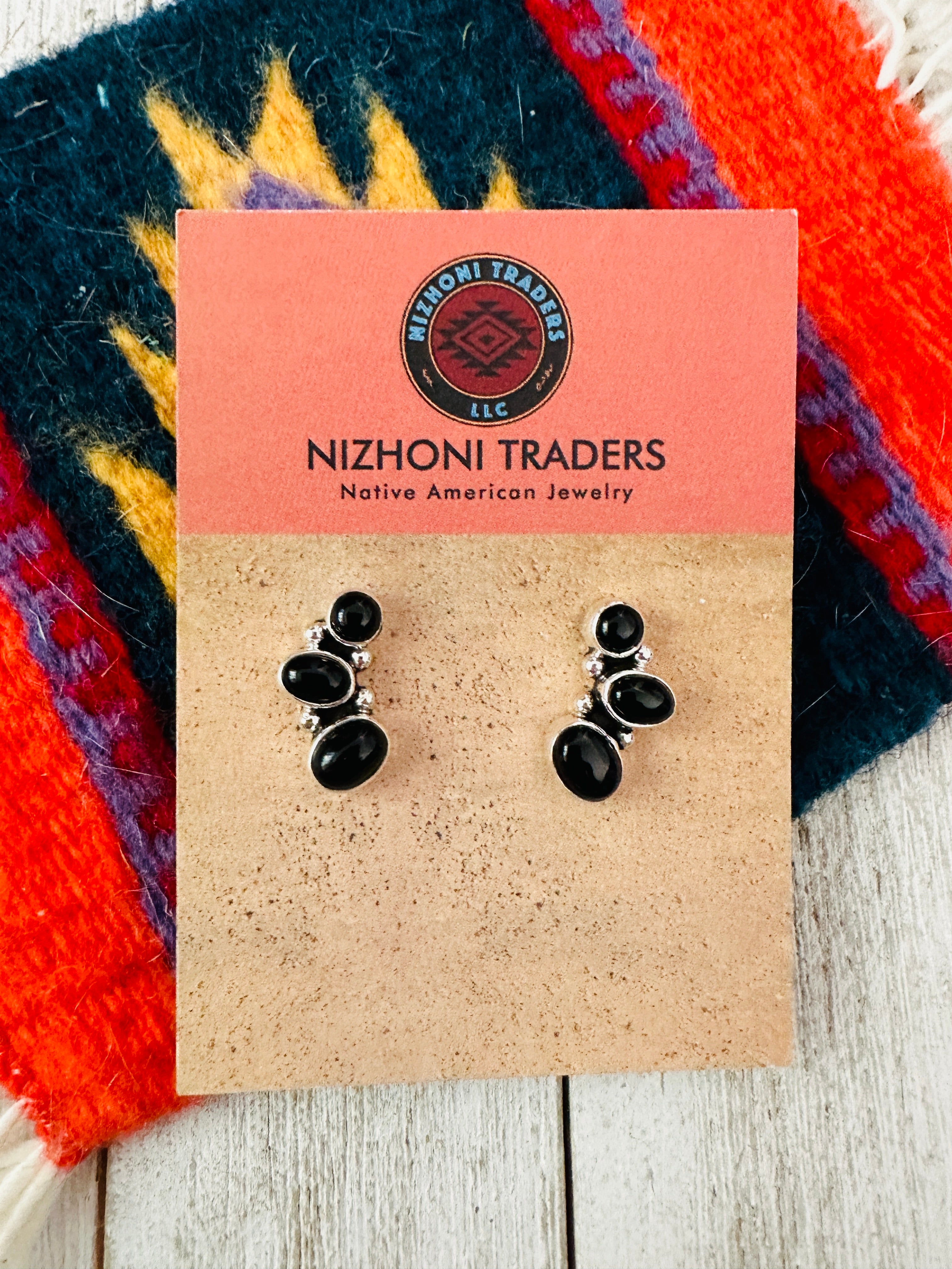 Navajo Onyx & Sterling Silver 3-Stone Earrings