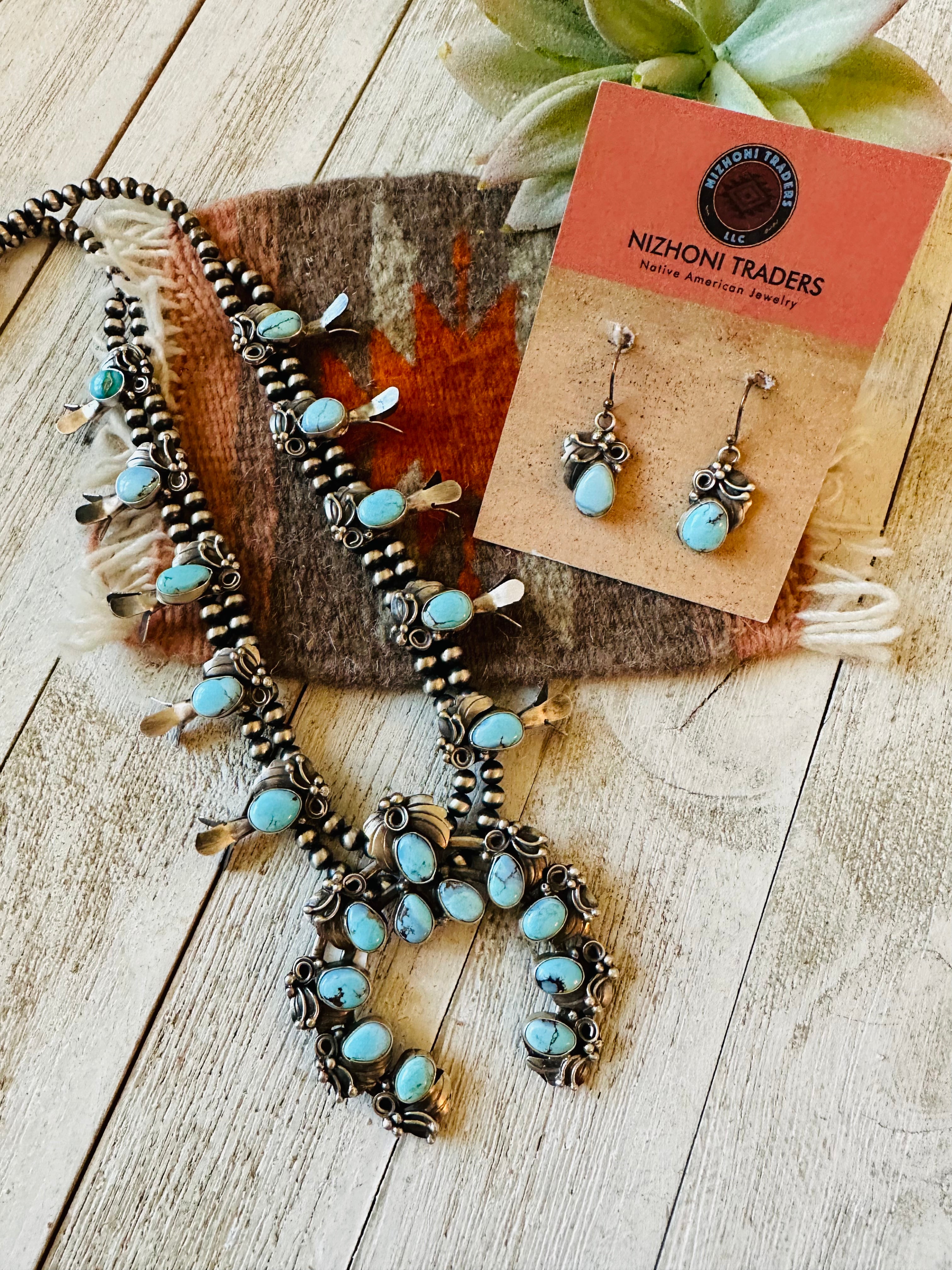 Navajo Golden Hills Turquoise & Sterling Silver Squash Blossom Necklace Set