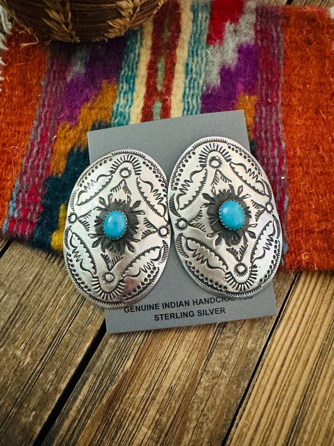 Handcrafted Turquoise & Sterling Silver Concho Post Earrings by Leander Tahe