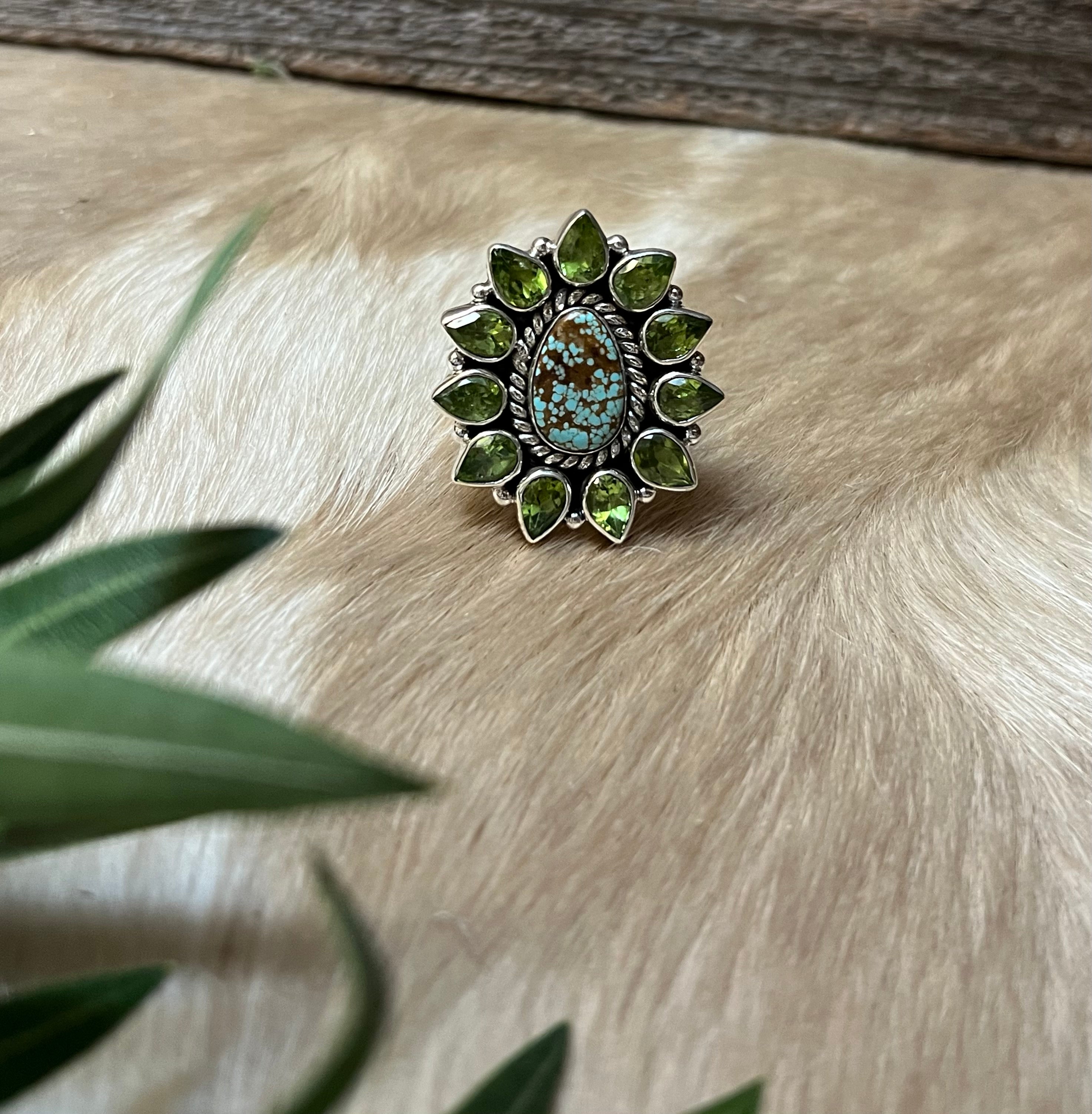Handmade Turquoise #8 with Marquise Cut-Peridot Gemstones Sterling Silver Adjustable Ring