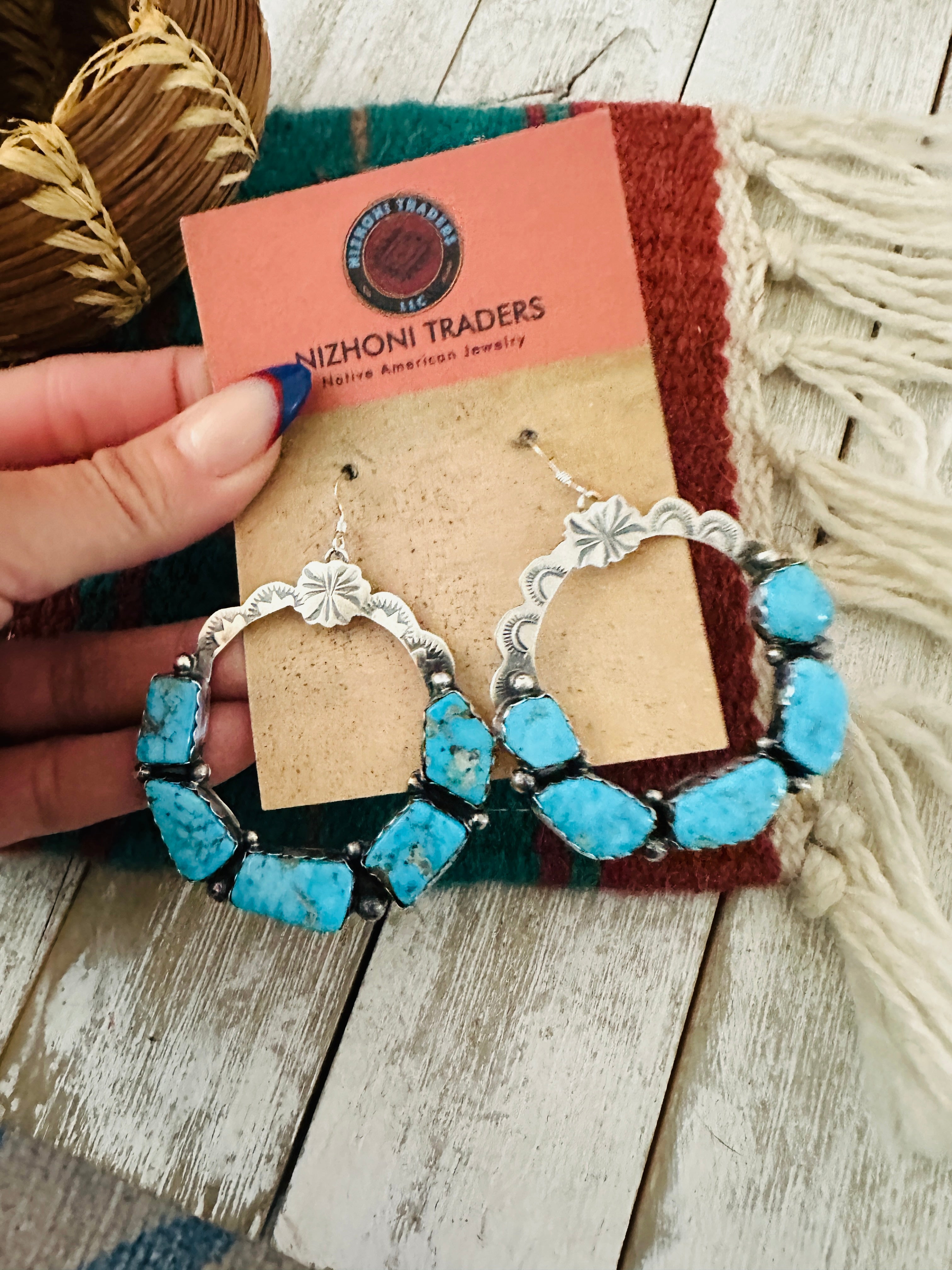 Handcrafted Turquoise & Sterling Silver Dangle Hoop Earrings