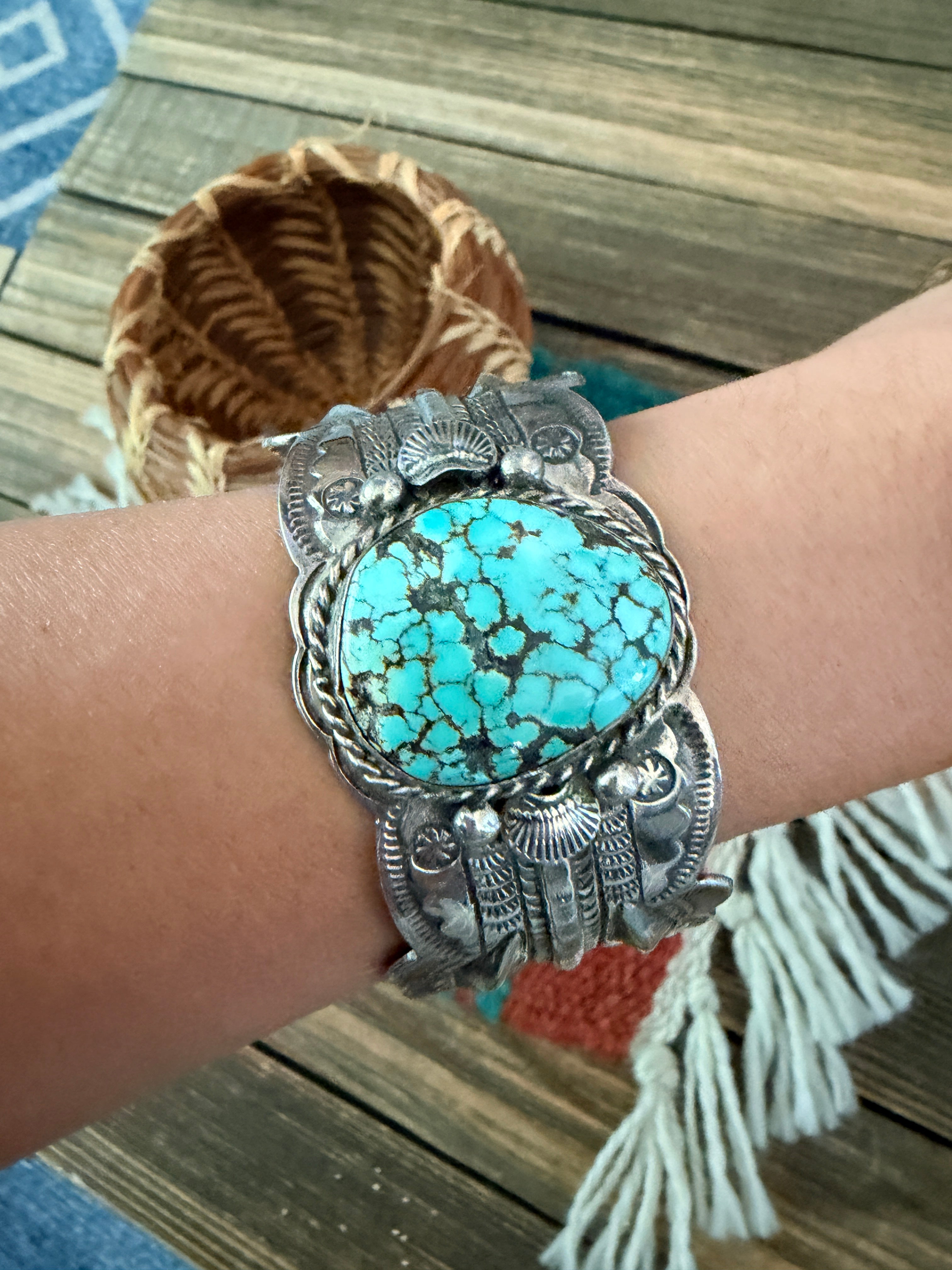 Handcrafted Old Pawn Sterling Silver & Number 8 Turquoise Cuff Bracelet
