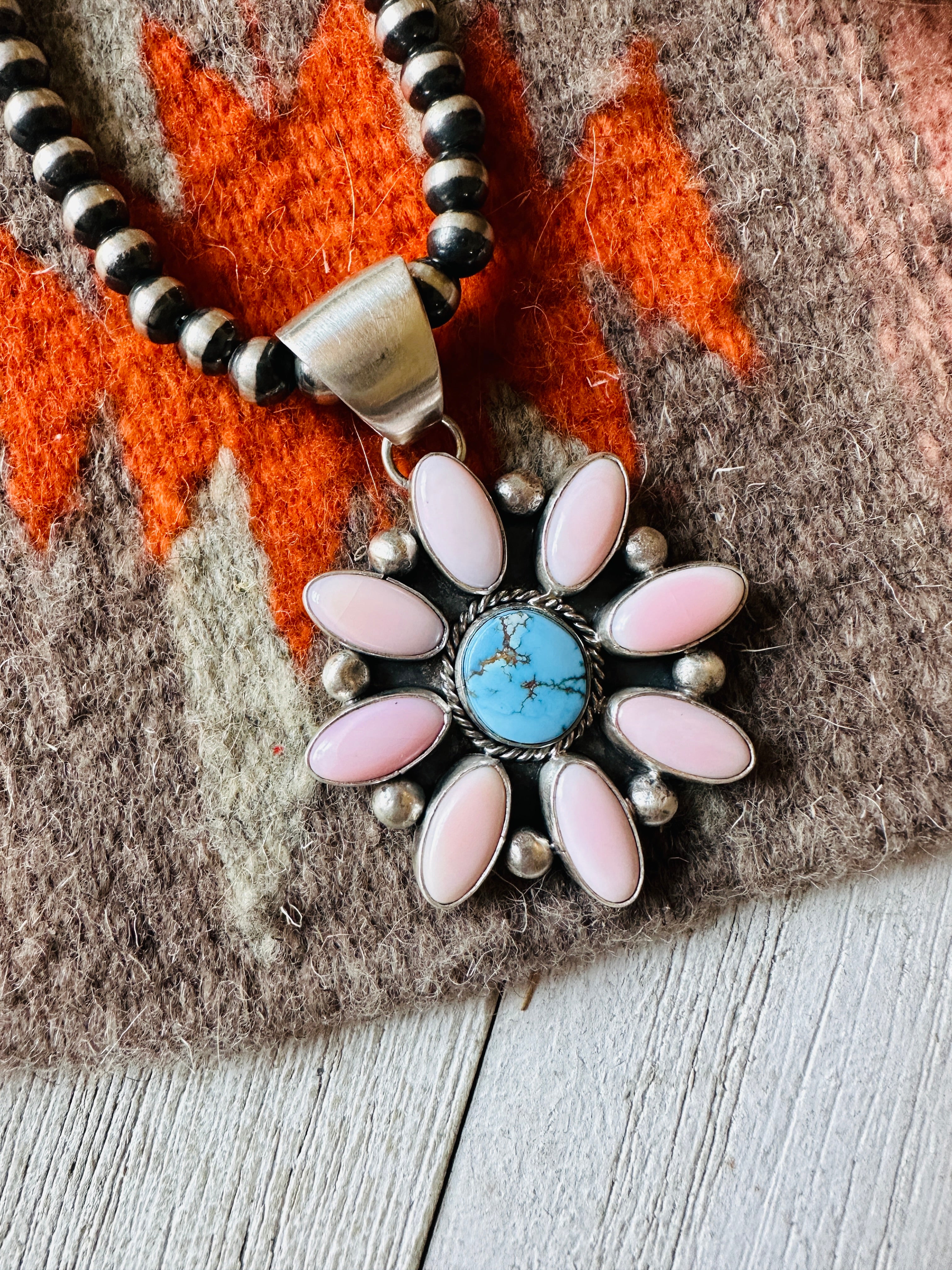 Navajo Queen Pink Conch, Turquoise & Sterling Silver Cluster Pendant