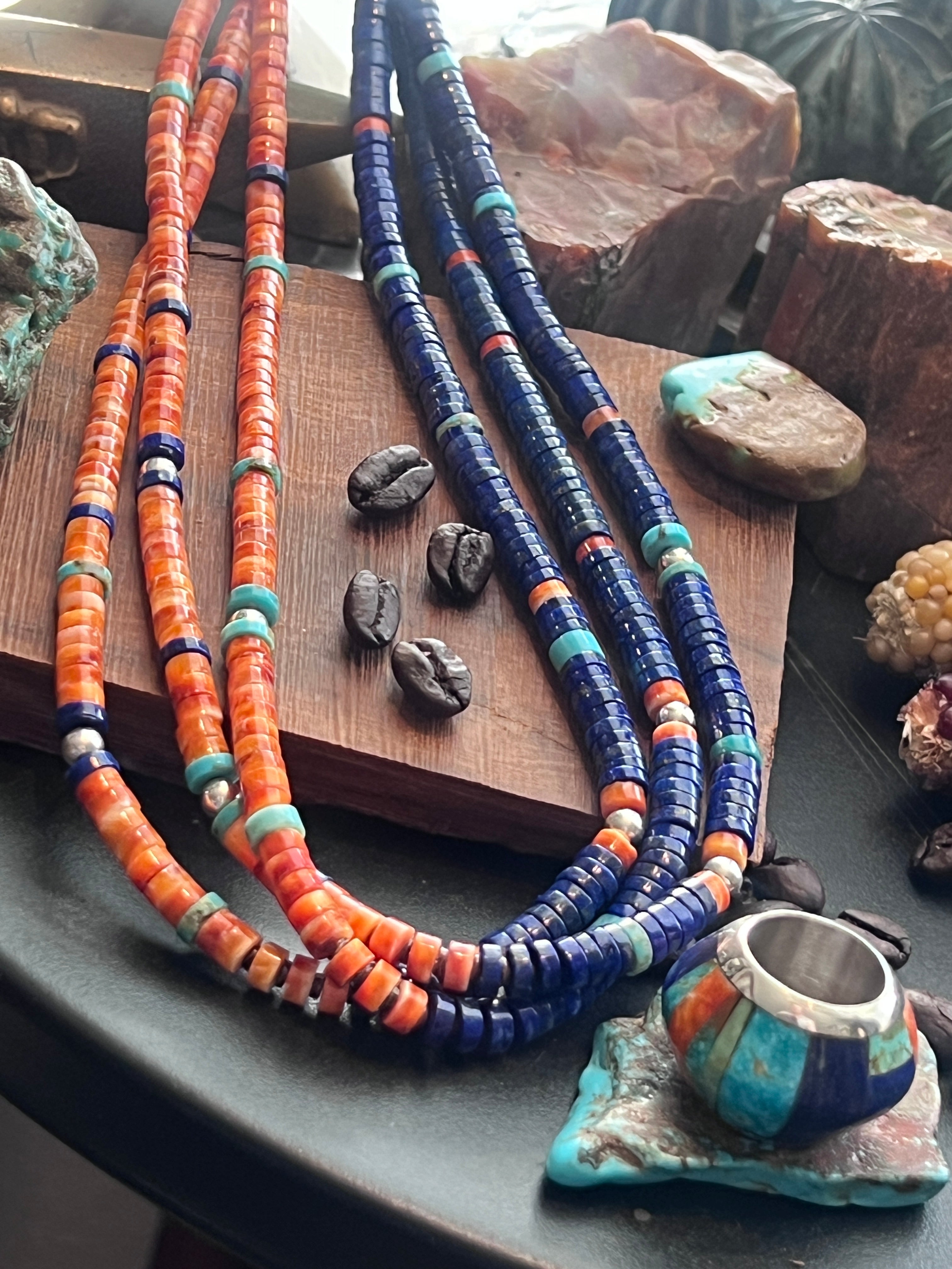 Daniel Coriz Triple Strand Lapis, Spiny Oyster and Turquoise Beaded Necklace w/ Removable Sterling Silver & Stone Inlay Bead