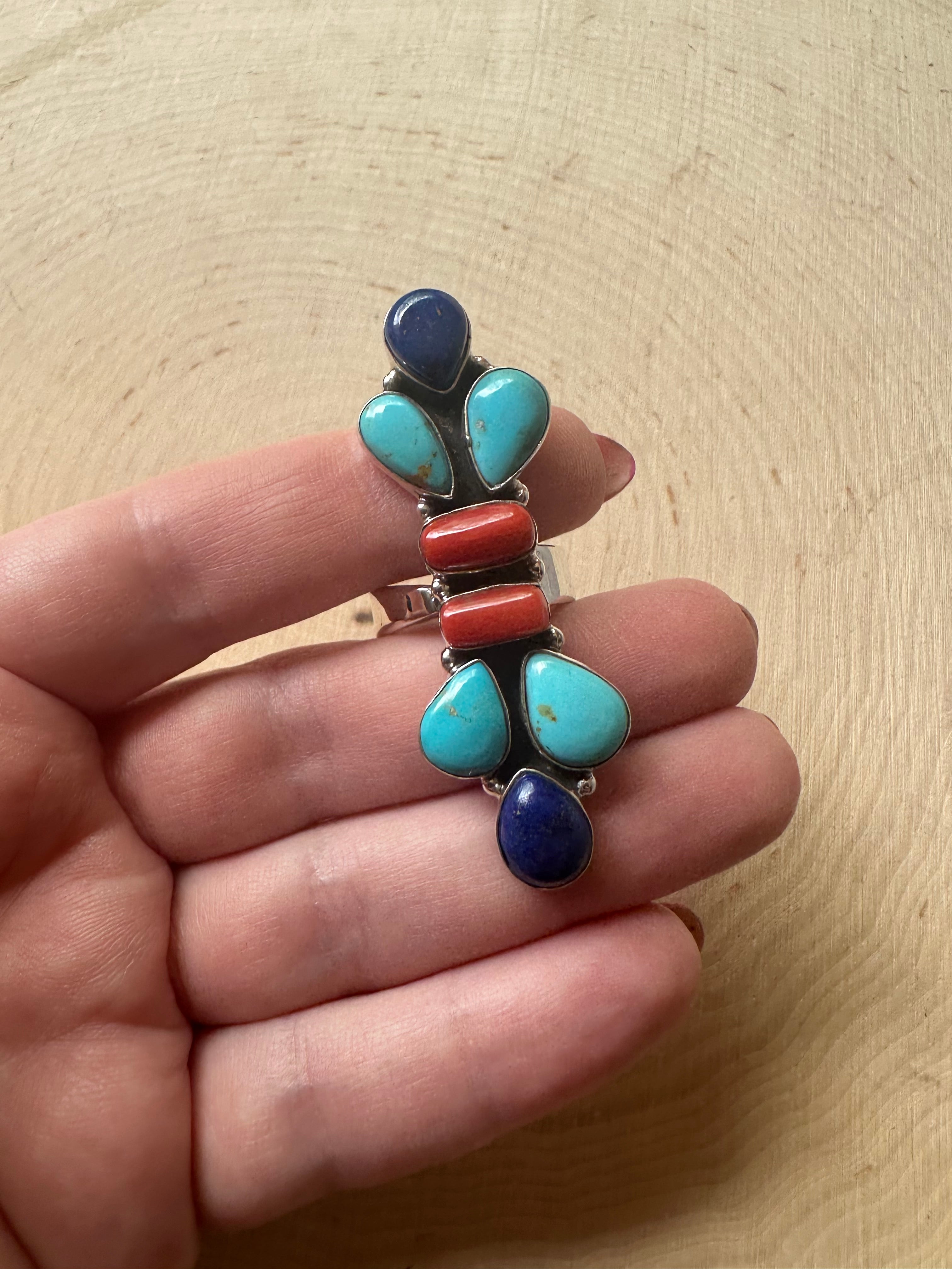 Beautiful Handmade Sterling Silver Lapis, Turquoise & Coral Adjustable Ring