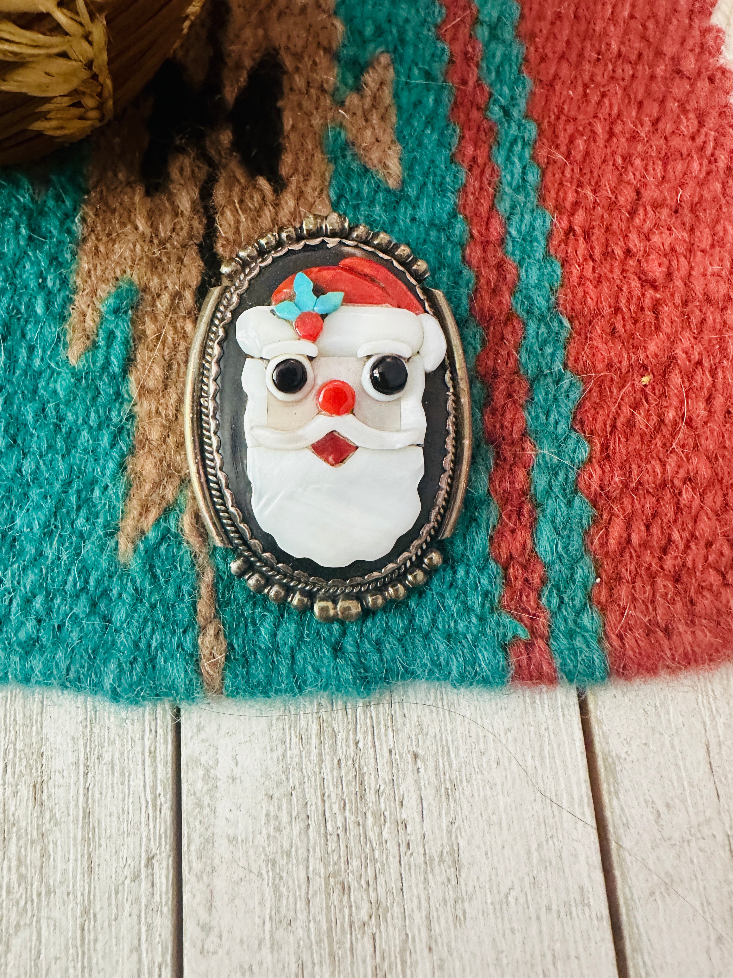 Vintage Zuni Multi Stone & Sterling Silver Inlay Santa Clause Brooch