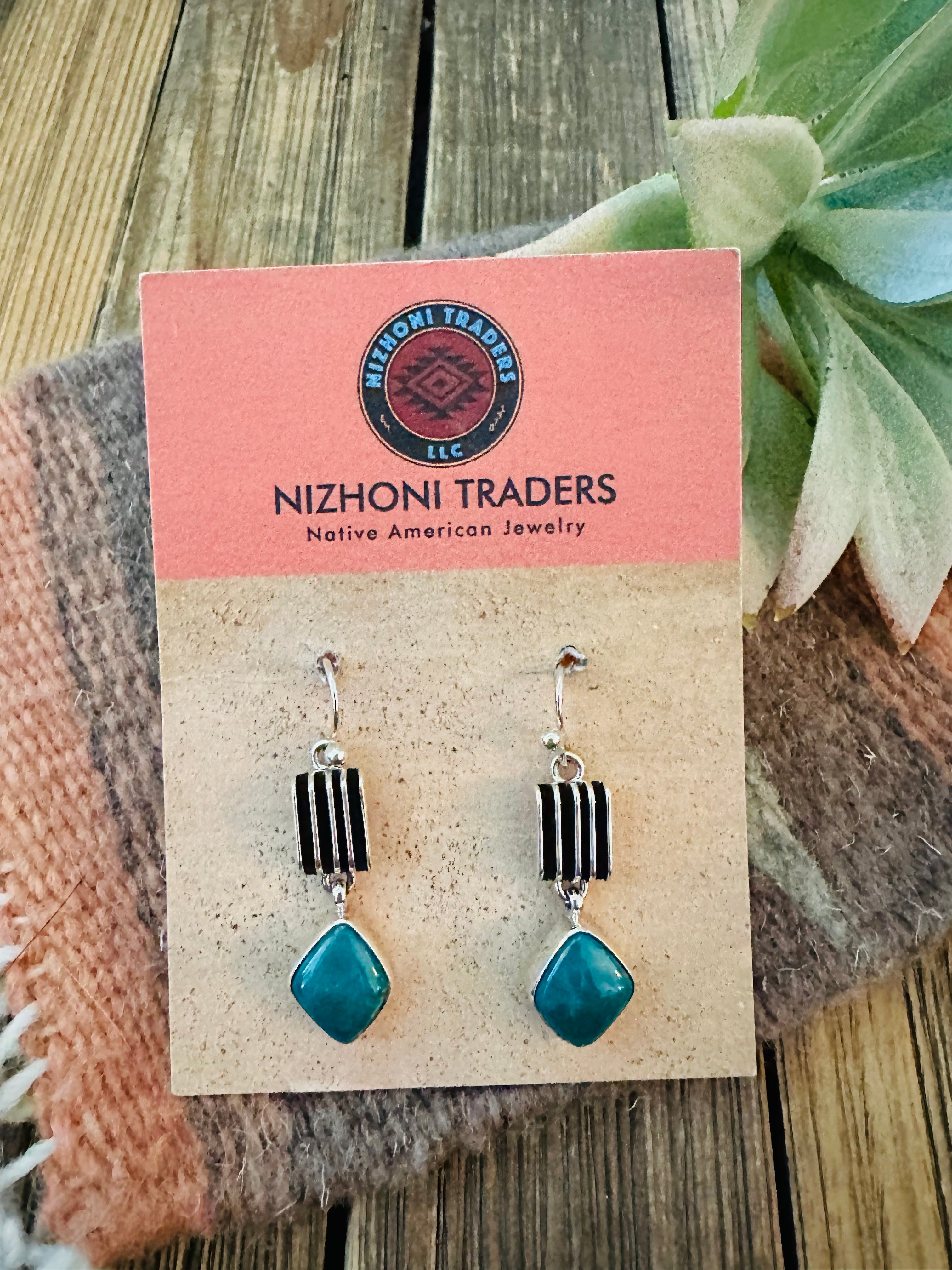 Navajo Sterling Silver & Carico Lake Turquoise Dangle Earrings