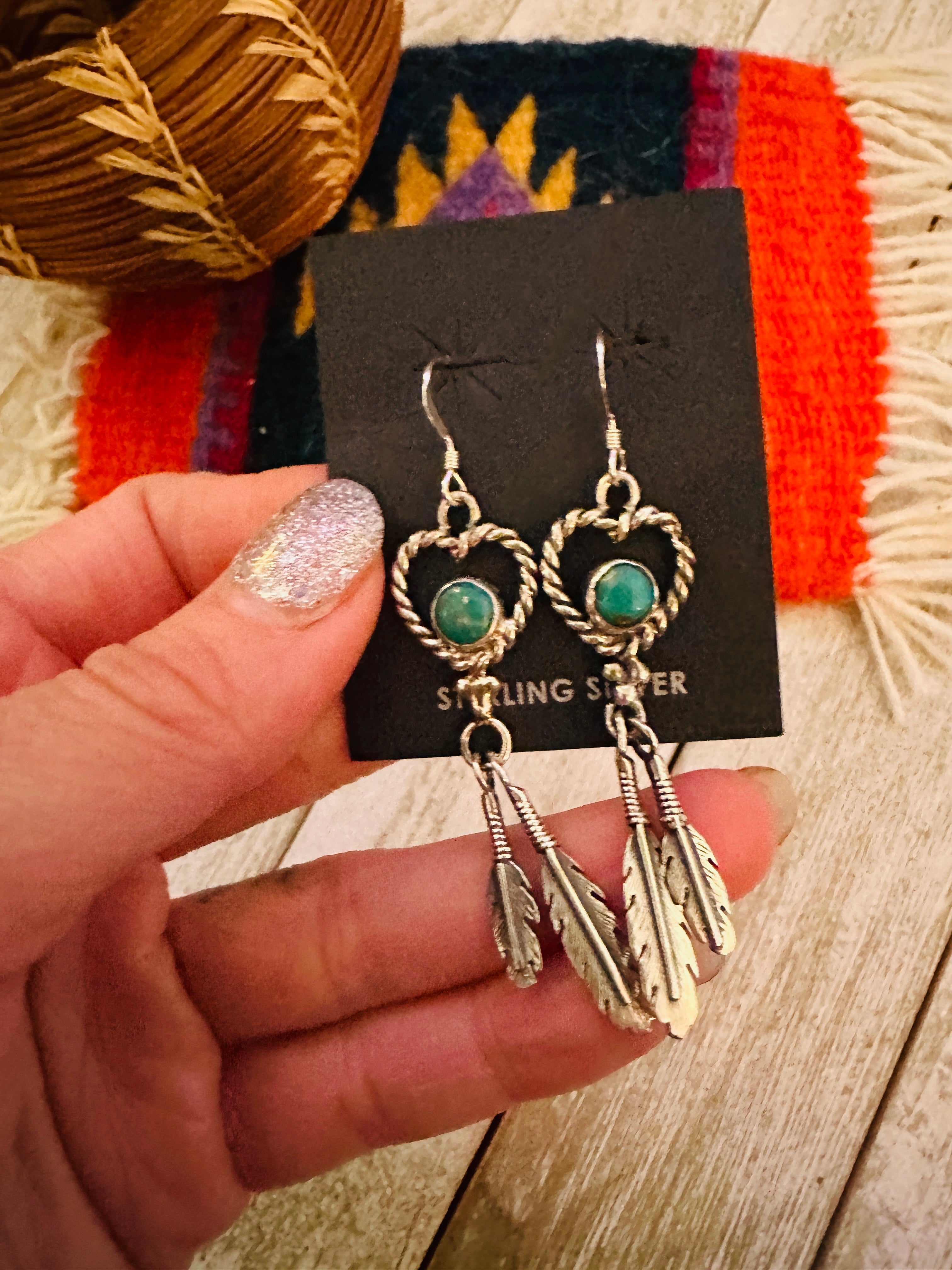 Navajo Turquoise & Sterling Silver Heart Feather Dangle Earrings