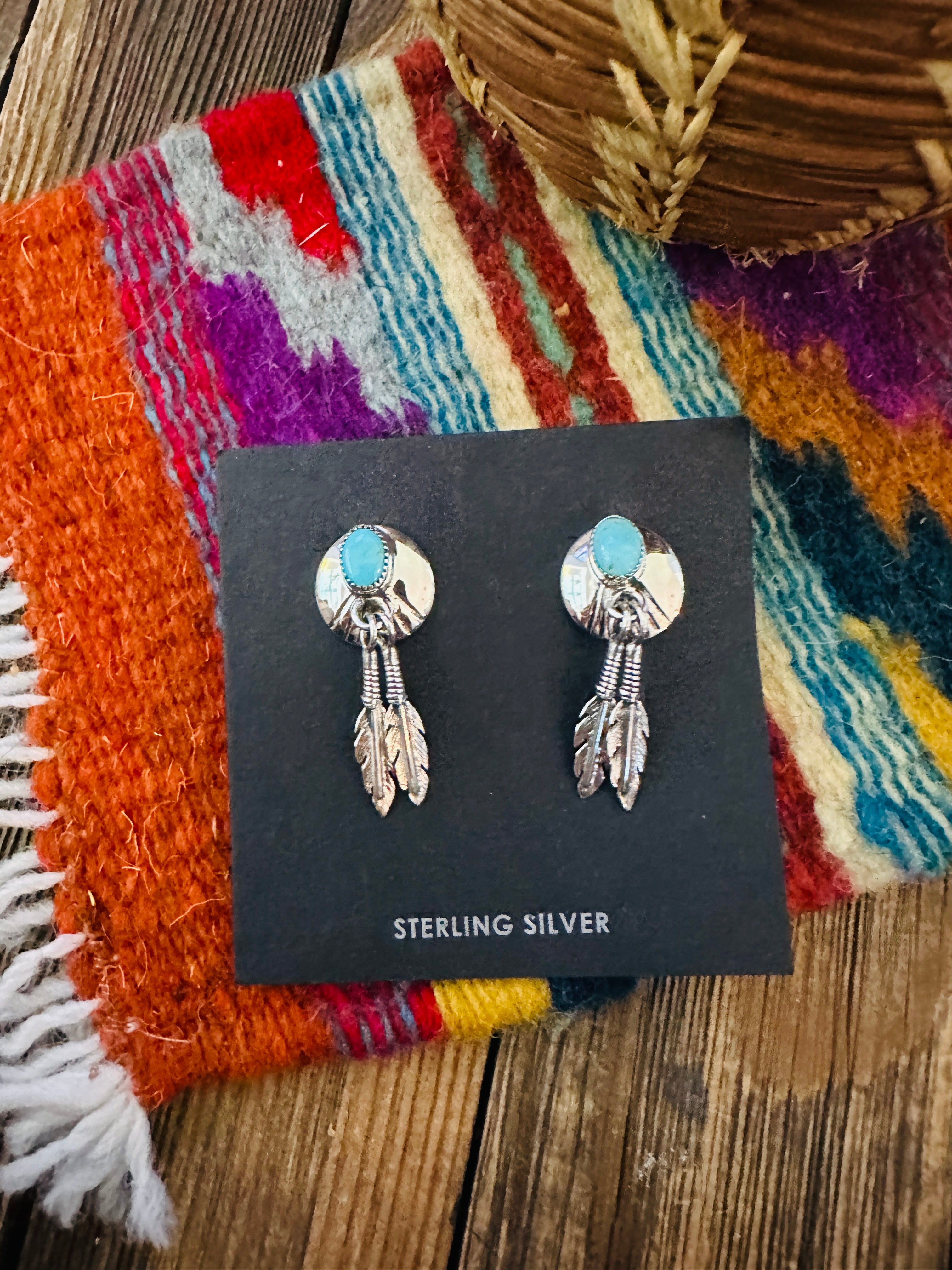 Handcrafted Turquoise & Sterling Silver Feather Dangle Earrings