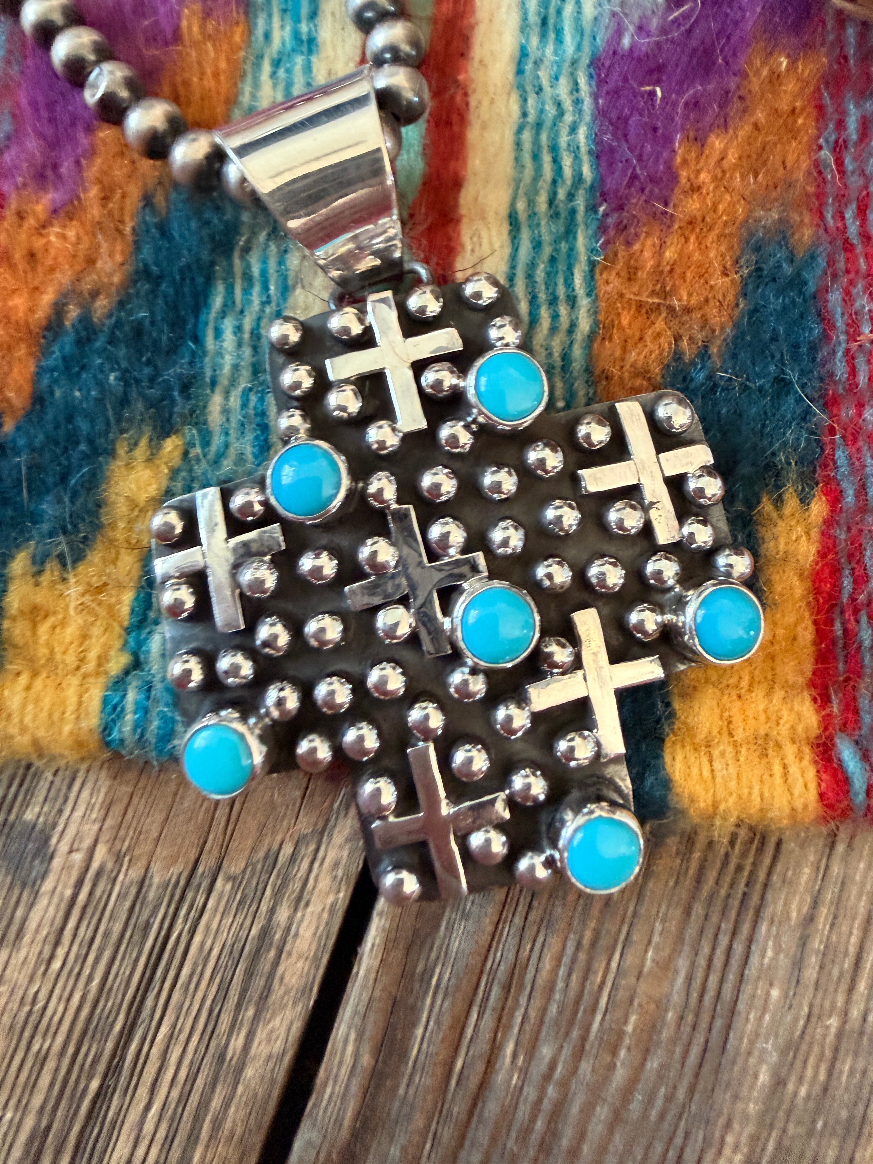 Handcrafted Turquoise & Sterling Silver Cross Pendant by Geneva Apachito