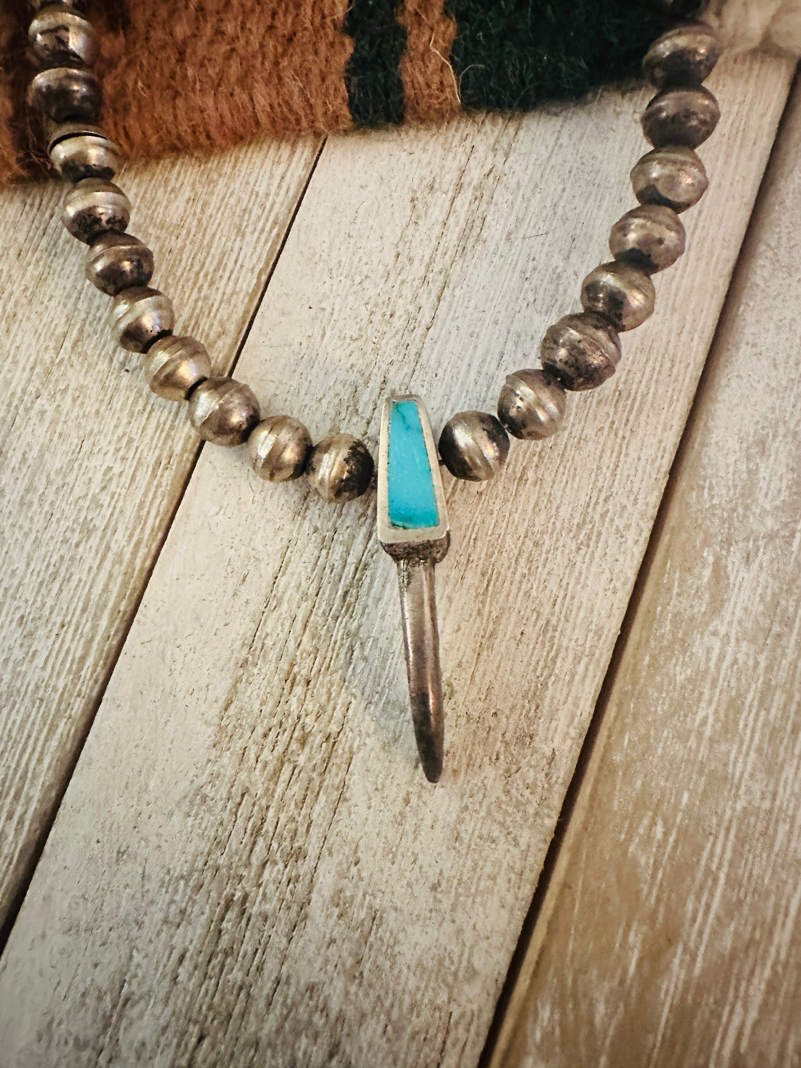 Vintage Old Pawn Navajo Turquoise & Sterling Silver Beaded Necklace