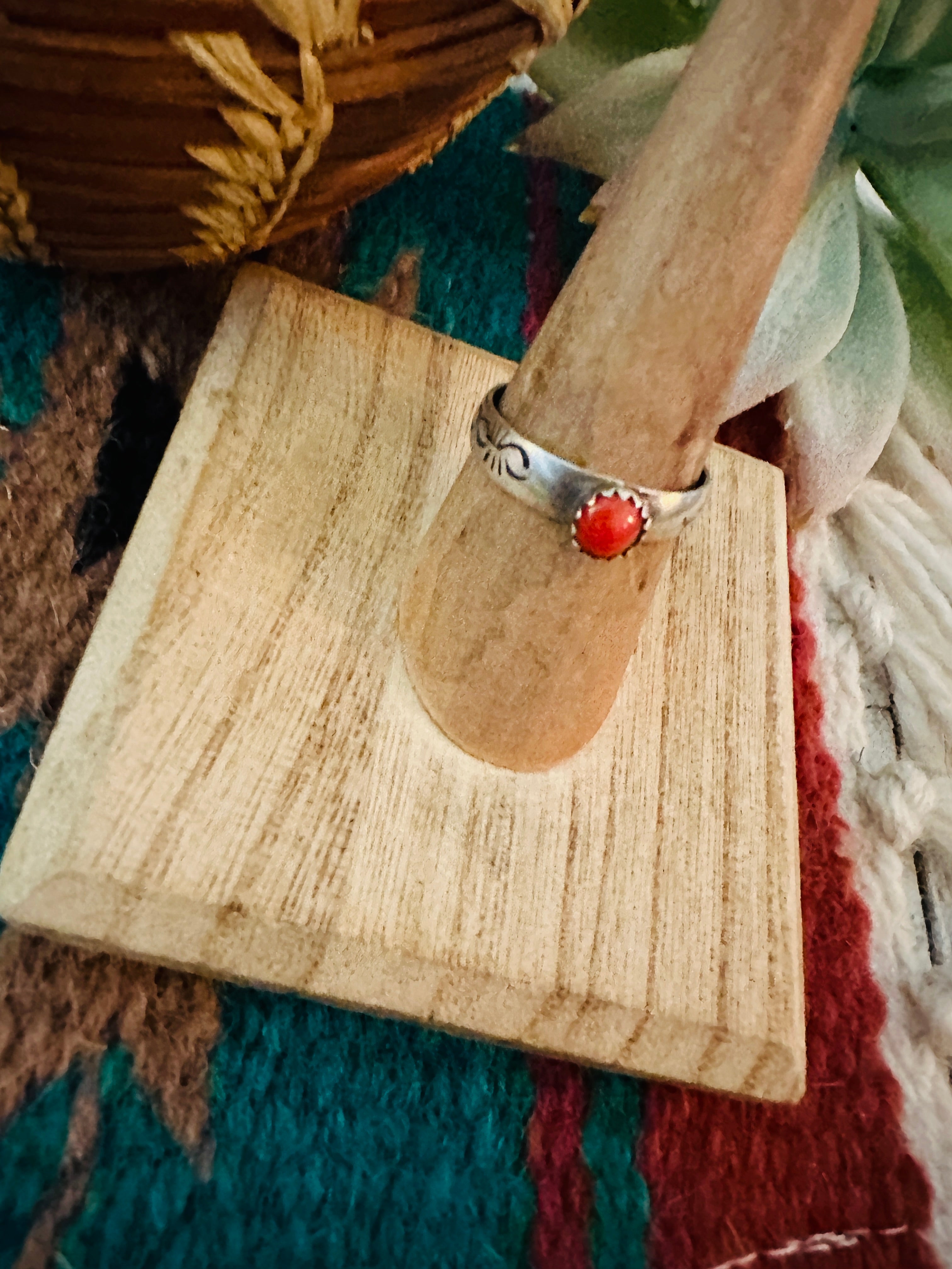 Navajo Sterling Silver & Coral Ring Size 7.5